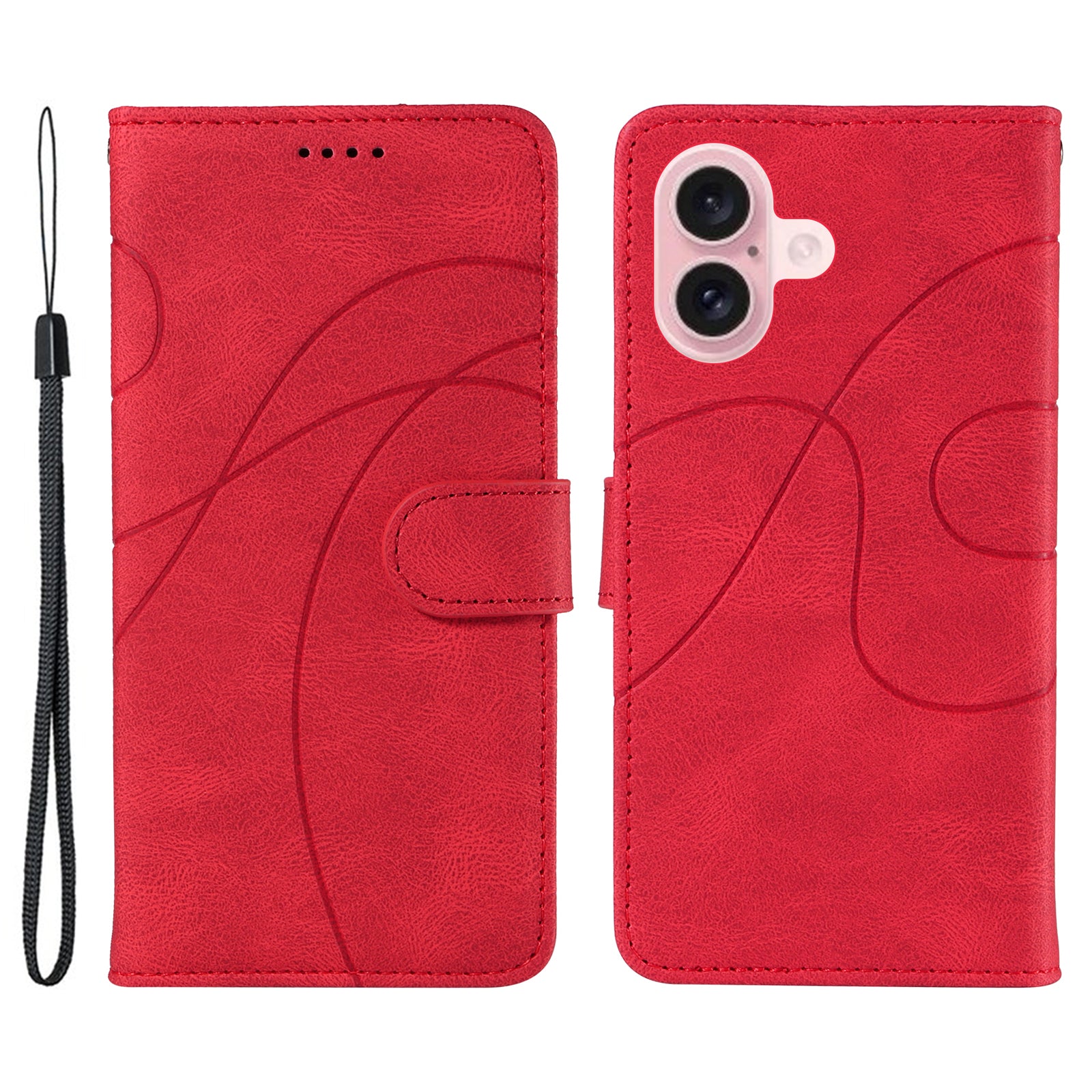 For iPhone 16 Case Flip PU Leather Phone Cover with Curved Line - Red