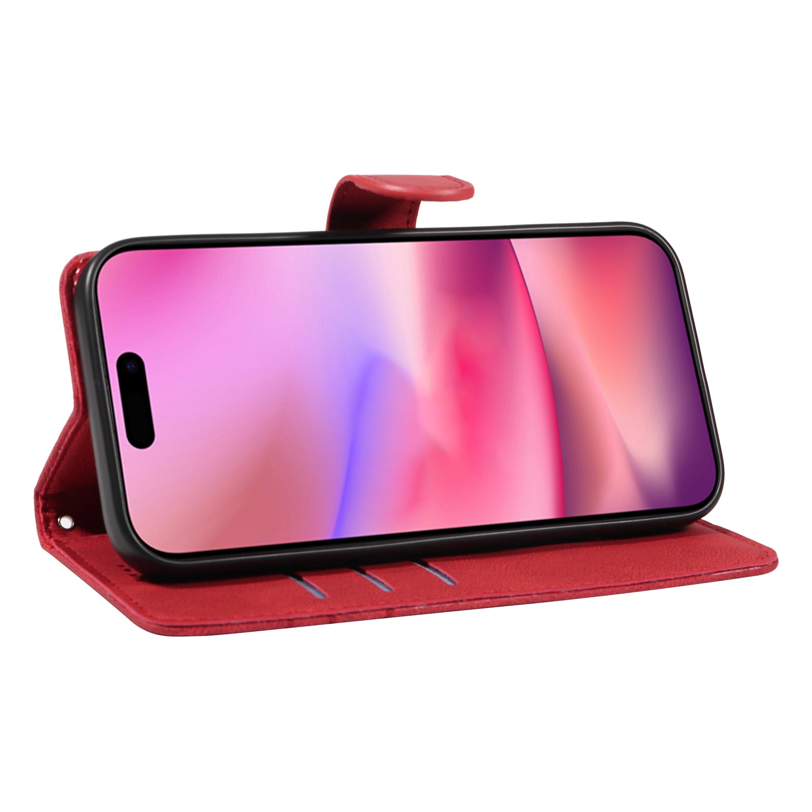 For iPhone 16 Case Flip PU Leather Phone Cover with Curved Line - Red