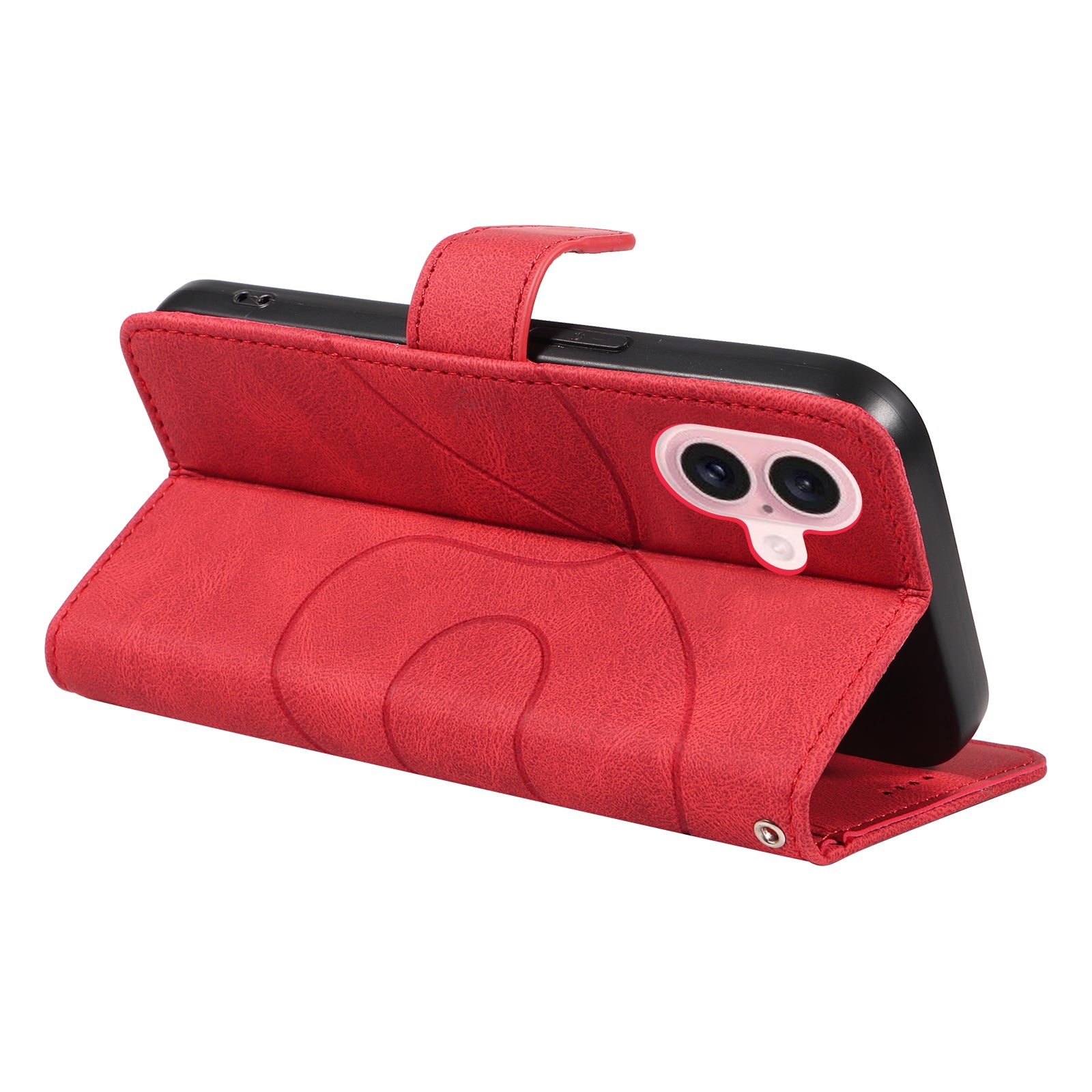 For iPhone 16 Case Flip PU Leather Phone Cover with Curved Line - Red