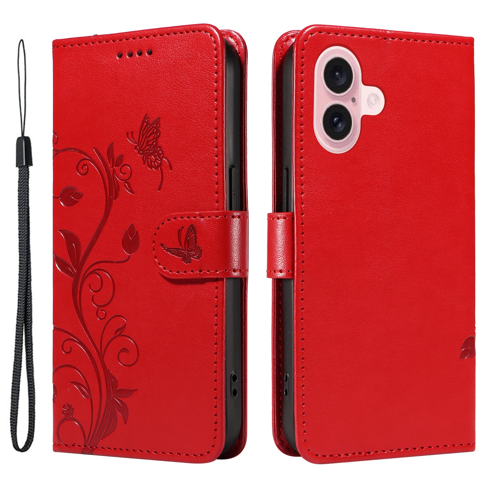 For iPhone 16 Wallet Case Butterfly Flower Imprint PU Leather Flip Phone Cover - Red