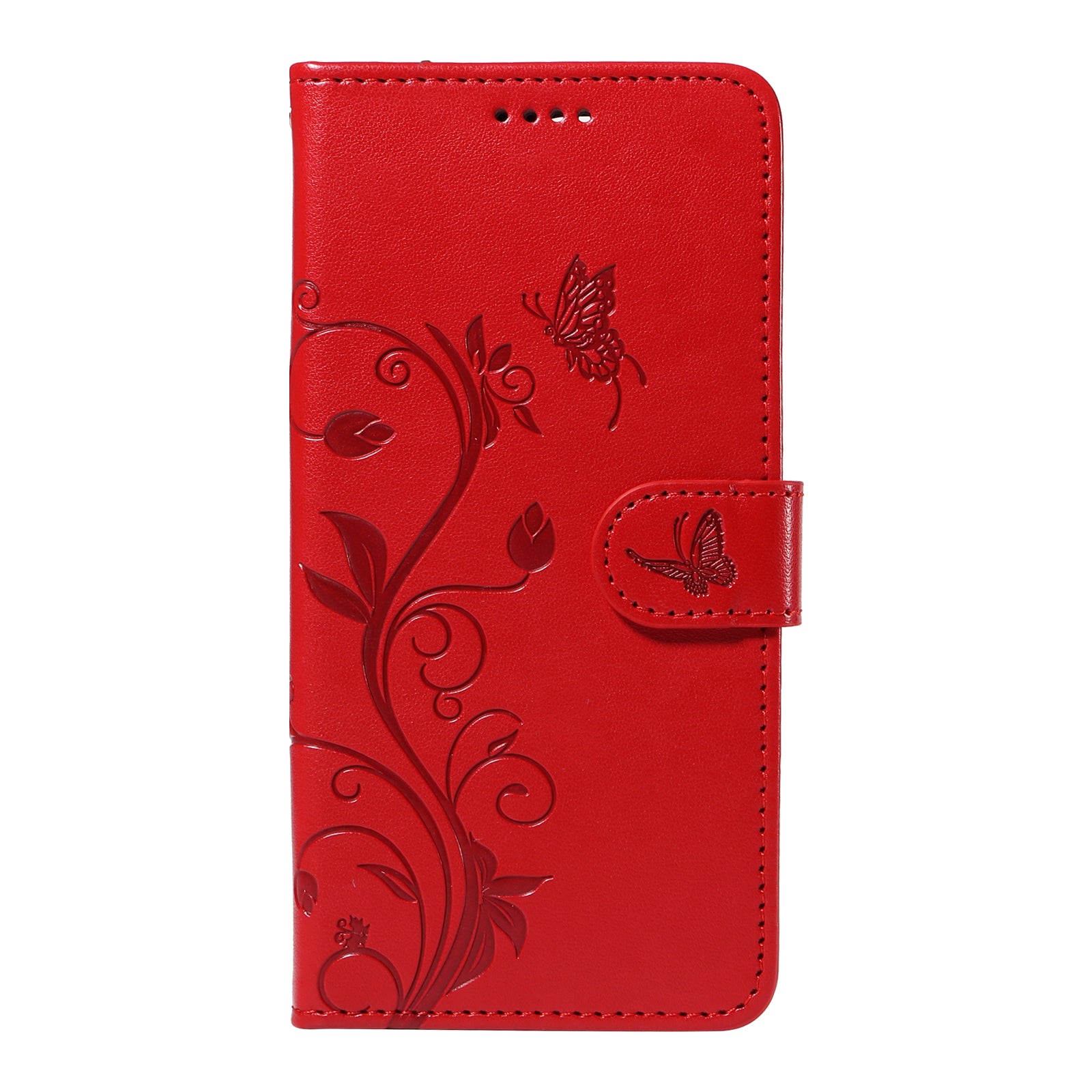 For iPhone 16 Wallet Case Butterfly Flower Imprint PU Leather Flip Phone Cover - Red