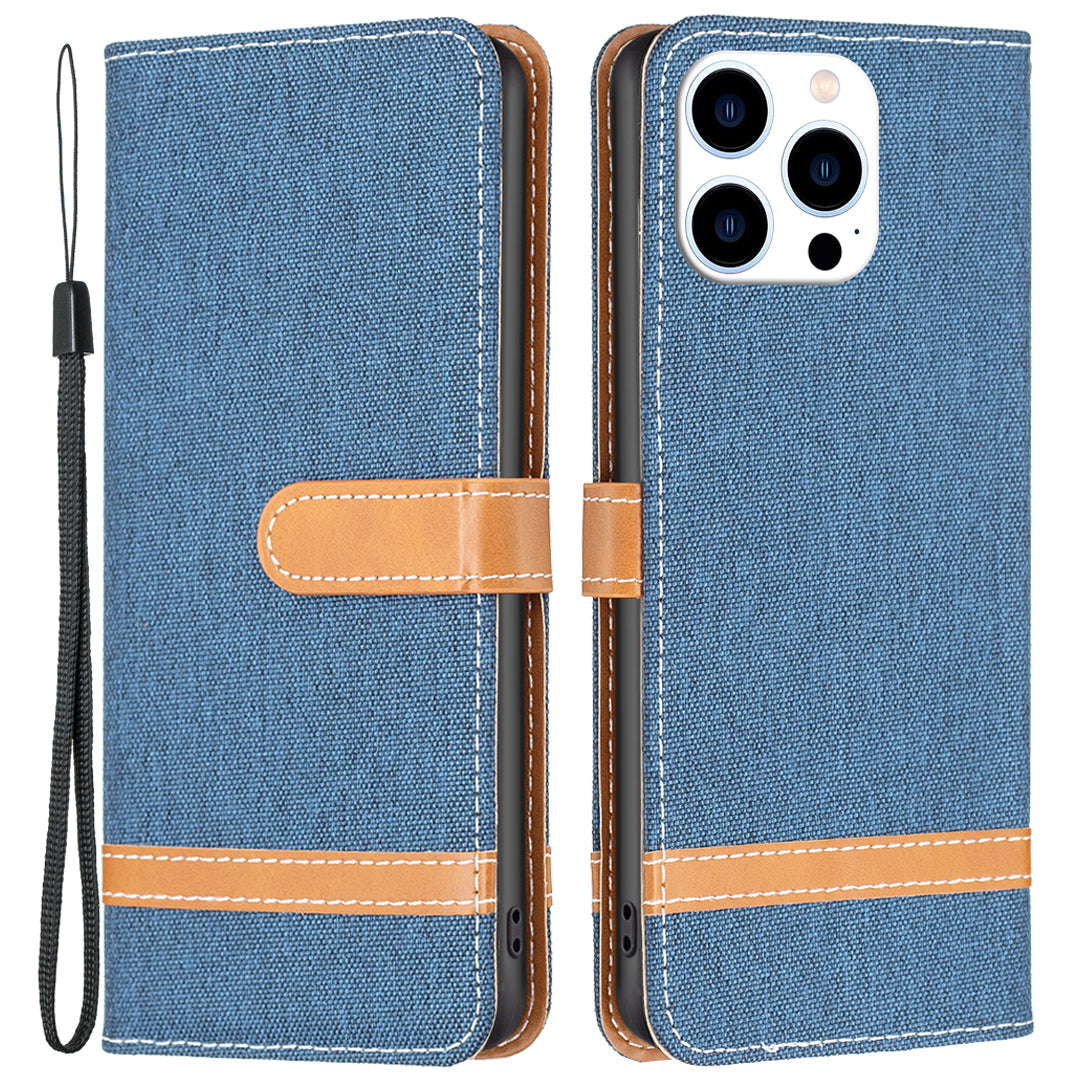 For iPhone 16 Pro Case Jeans Cloth Texture Wallet Splicing Phone Leather Cover -  Navy Blue