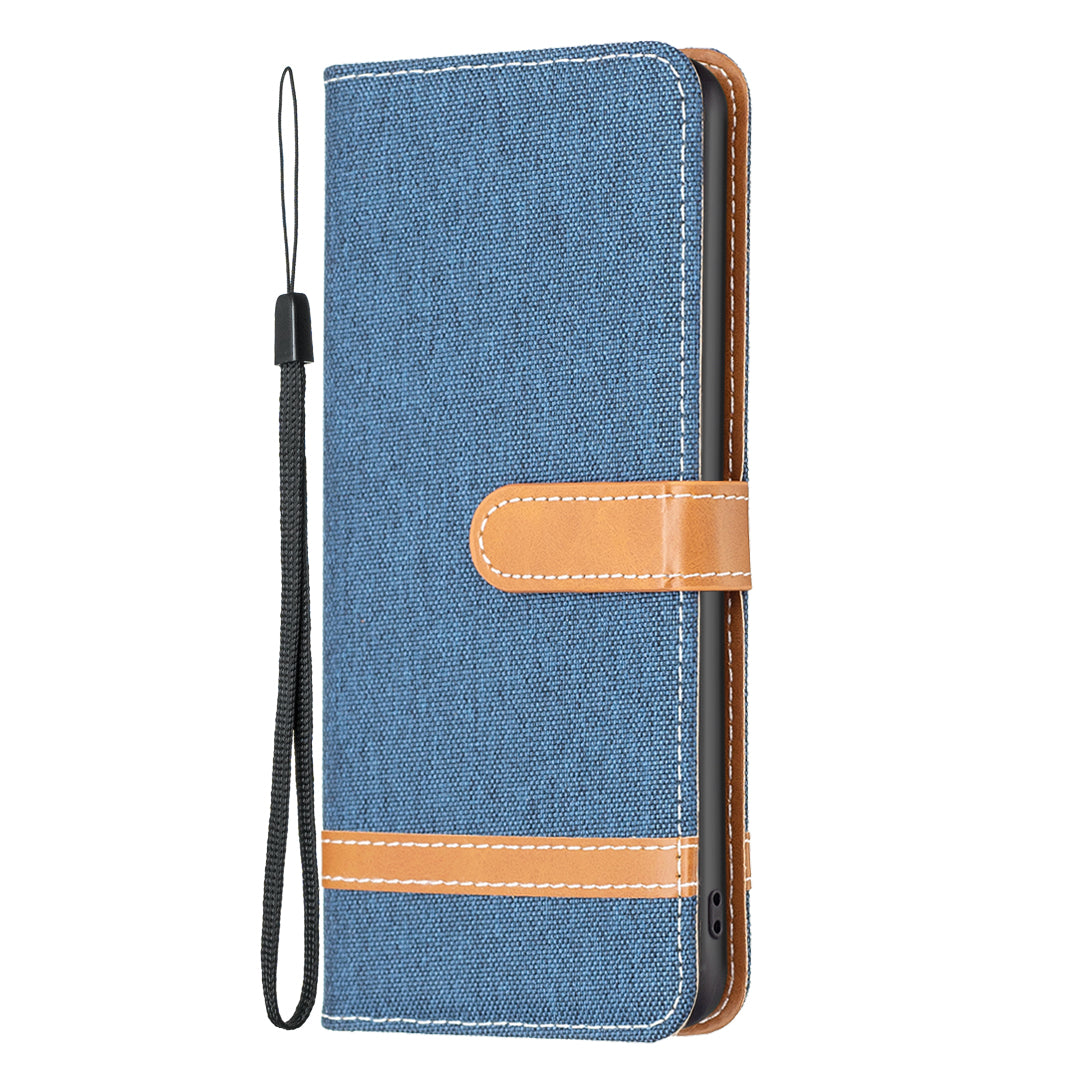 For iPhone 16 Pro Case Jeans Cloth Texture Wallet Splicing Phone Leather Cover -  Navy Blue