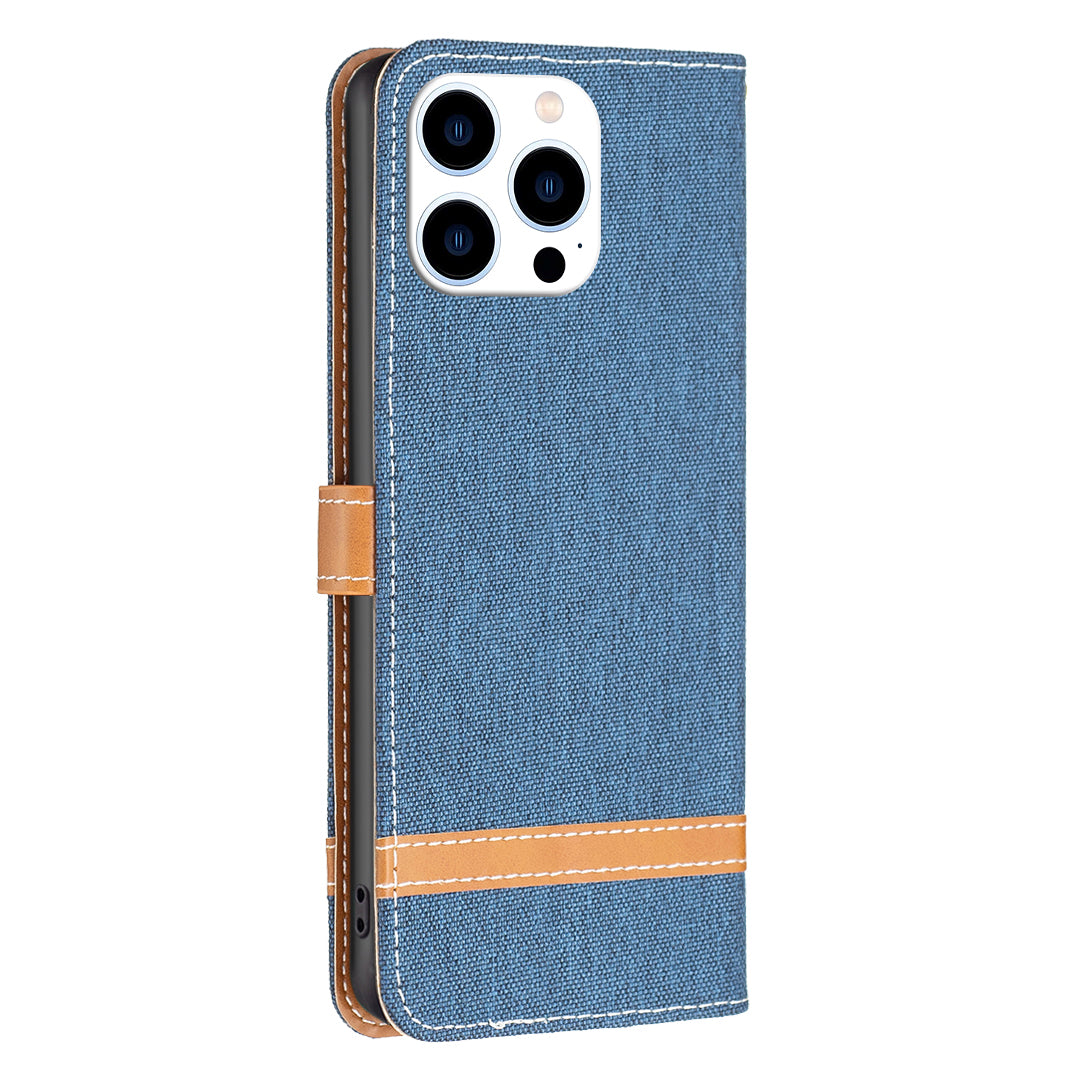 For iPhone 16 Pro Case Jeans Cloth Texture Wallet Splicing Phone Leather Cover -  Navy Blue