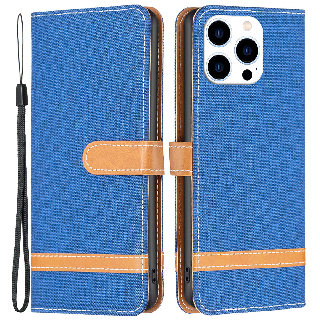 For iPhone 16 Pro Case Jeans Cloth Texture Wallet Splicing Phone Leather Cover -  Sapphire