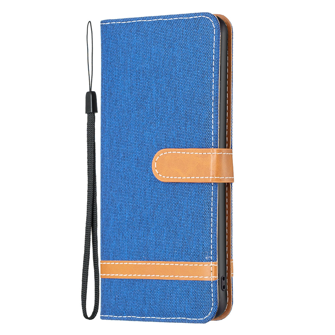 For iPhone 16 Pro Case Jeans Cloth Texture Wallet Splicing Phone Leather Cover -  Sapphire