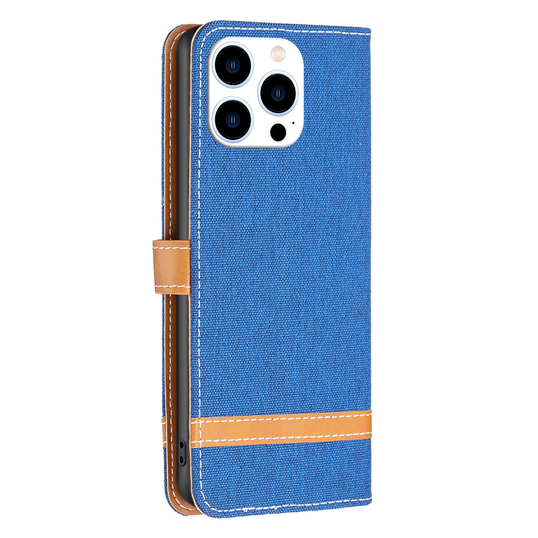 For iPhone 16 Pro Case Jeans Cloth Texture Wallet Splicing Phone Leather Cover -  Sapphire