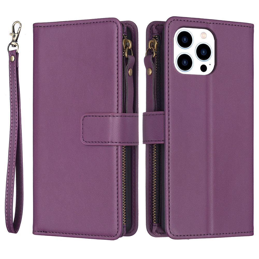 BF Style-19 for iPhone 16 Pro Case Zipper Wallet Leather Phone Cover - Dark Purple