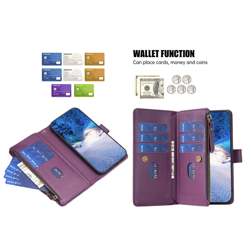 BF Style-19 for iPhone 16 Pro Case Zipper Wallet Leather Phone Cover - Dark Purple