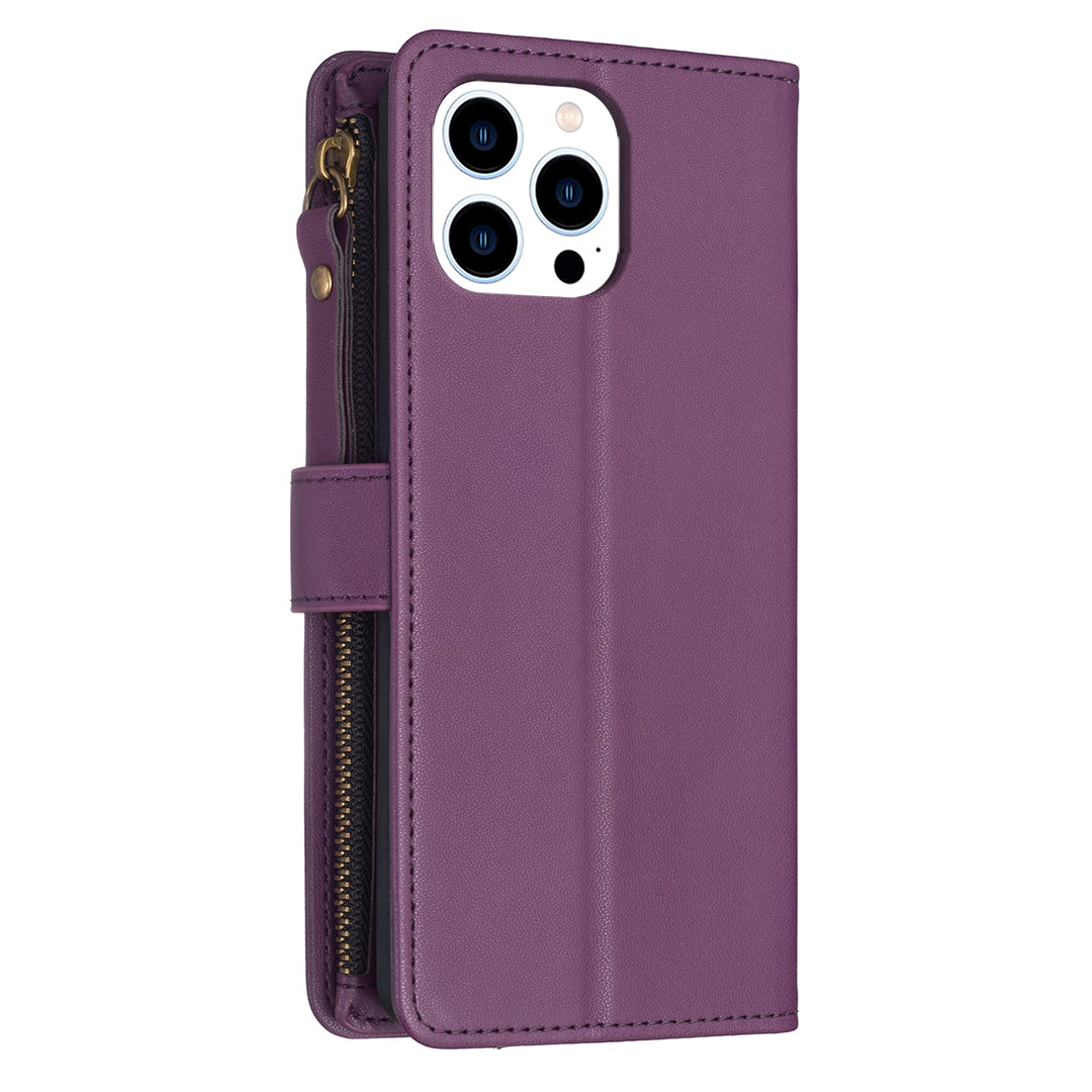 BF Style-19 for iPhone 16 Pro Case Zipper Wallet Leather Phone Cover - Dark Purple