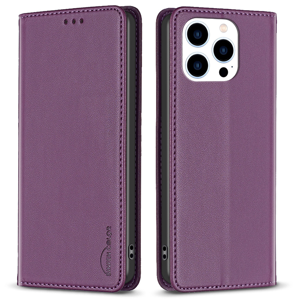 BINFEN COLOR BF18 For iPhone 16 Pro Max Case Magnetic Closing Leather Phone Cover -  Dark Purple