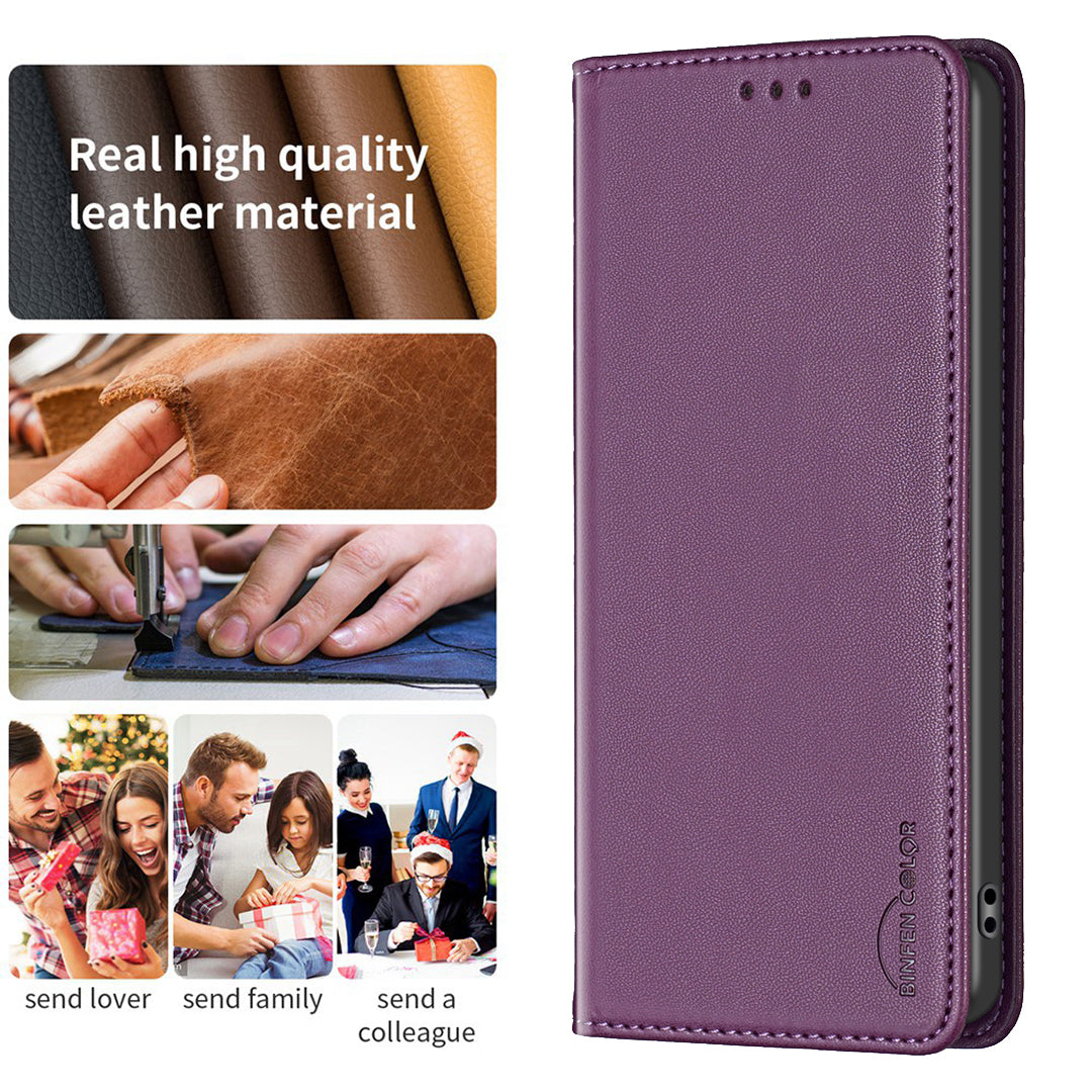 BINFEN COLOR BF18 For iPhone 16 Pro Max Case Magnetic Closing Leather Phone Cover -  Dark Purple