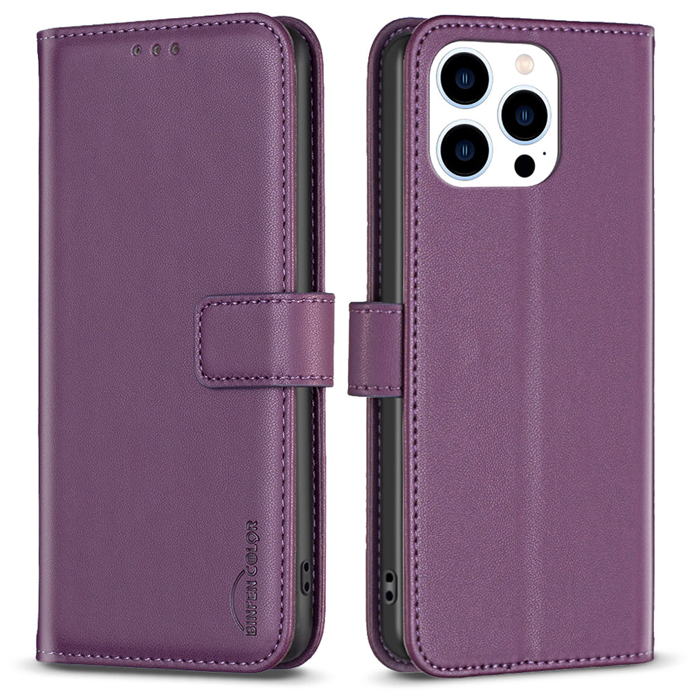 BINFEN COLOR BF17 For iPhone 16 Pro Max Case Flip Leather Wallet Phone Cover - Dark Purple