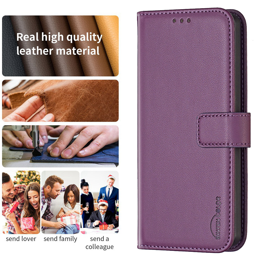 BINFEN COLOR BF17 For iPhone 16 Pro Max Case Flip Leather Wallet Phone Cover - Dark Purple