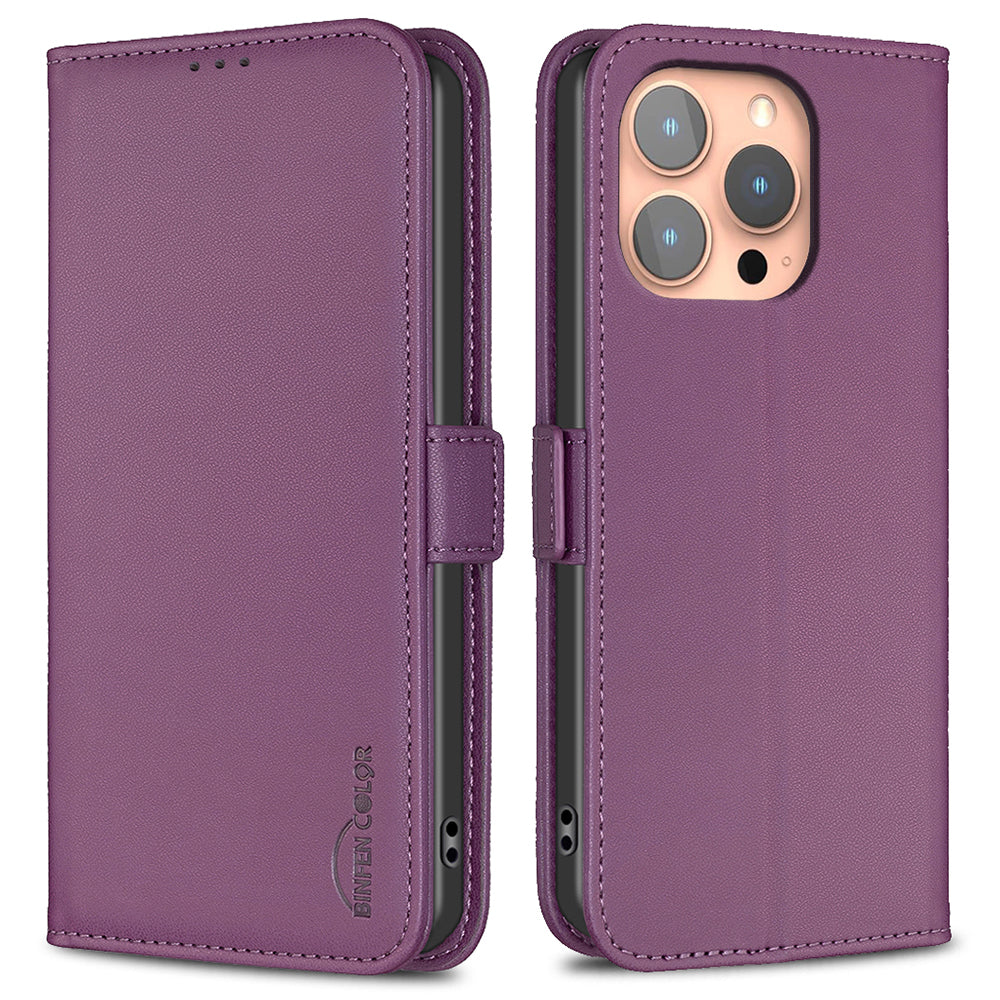 BINFEN COLOR BF31 For iPhone 16 Pro Max Case Dual Magnetic Clasp PU Leather Phone Cover - Dark Purple