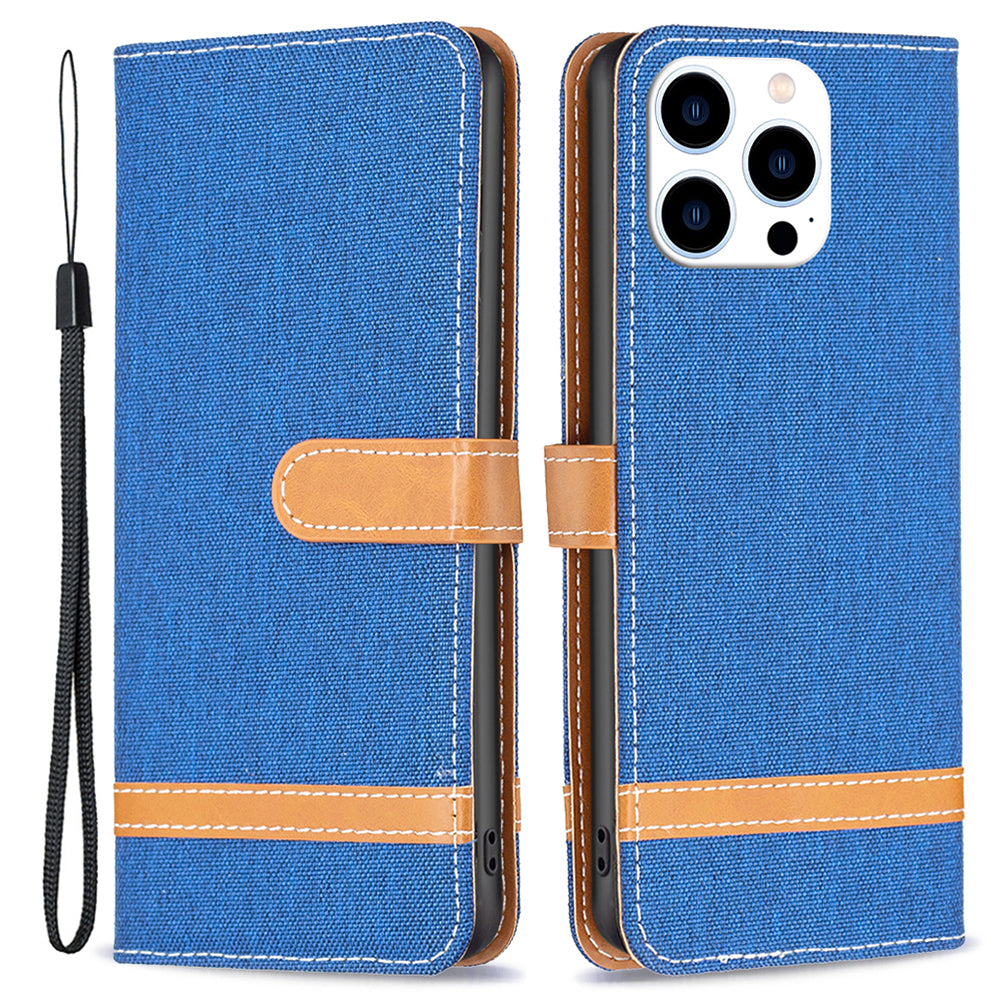 For iPhone 16 Pro Max Case Jeans Cloth Texture Leather Wallet Cover - Sapphire