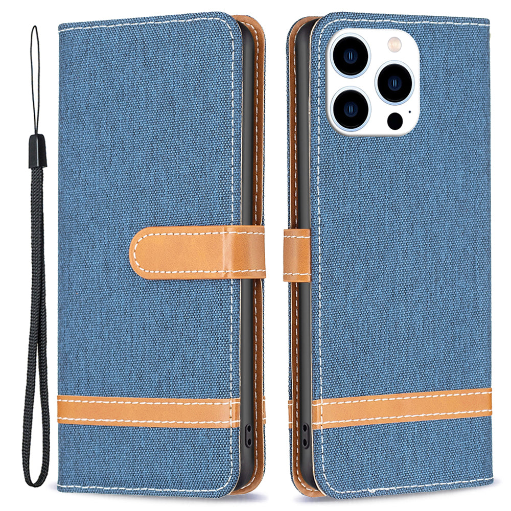 For iPhone 16 Pro Max Case Jeans Cloth Texture Leather Wallet Cover - Navy Blue