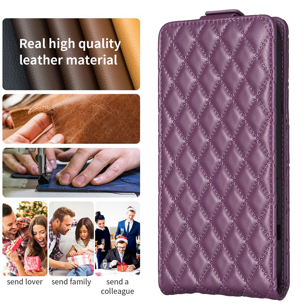 BF30 For iPhone 16 Pro Max Case Rhombus Grid Vertical Flip Leather Phone Cover - Dark Purple