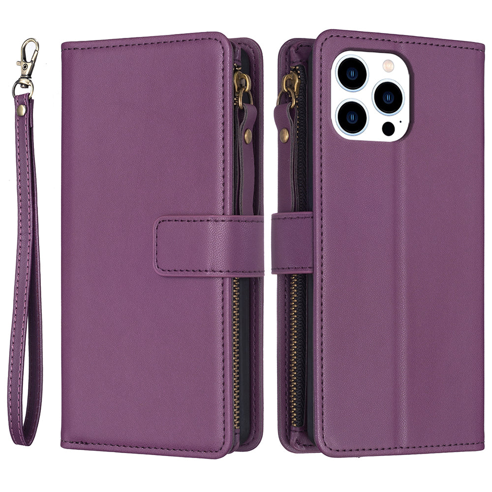 BF Style-19 for iPhone 16 Pro Max Case PU Leather Zipper Wallet Flip Phone Cover - Dark Purple