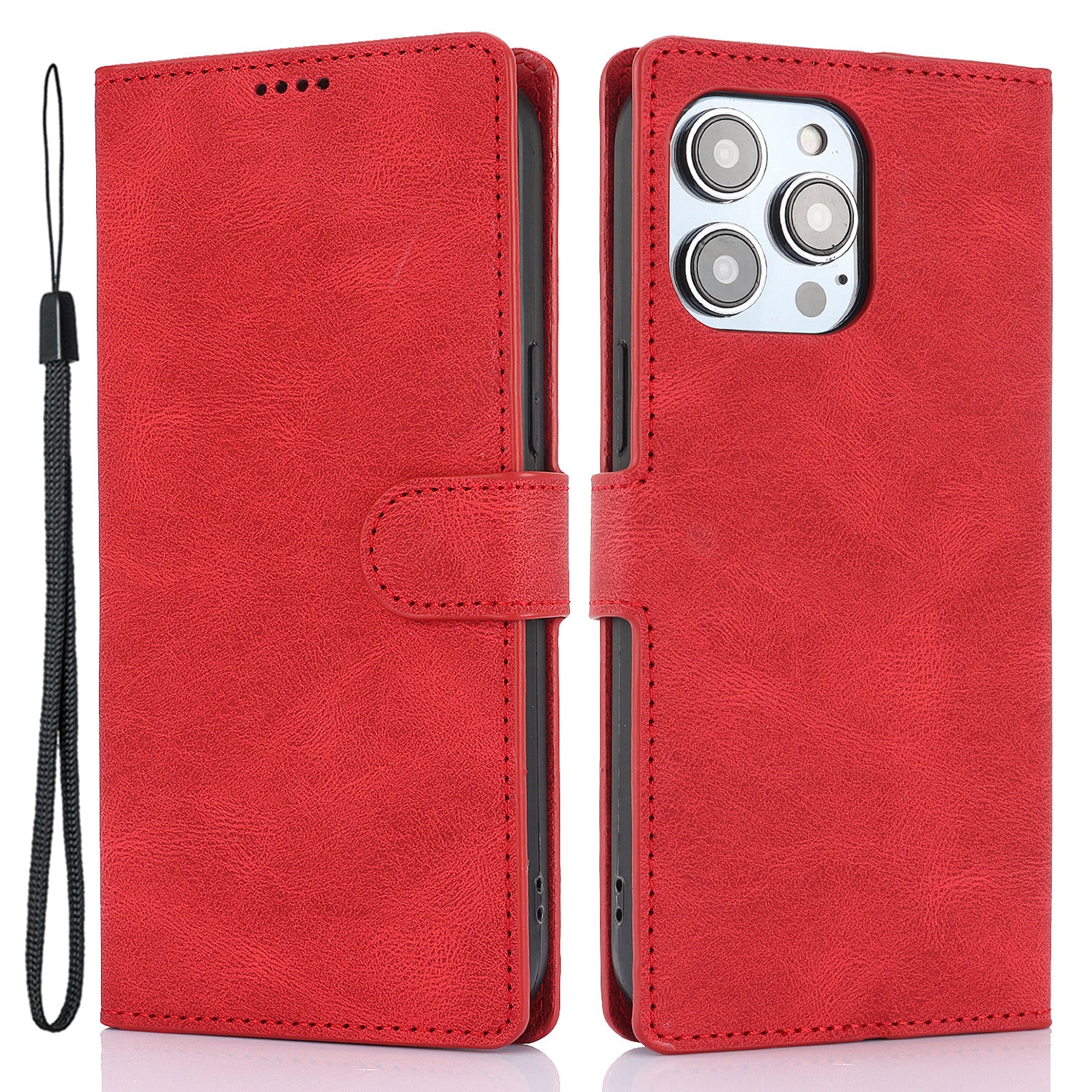 For iPhone 16 Case PU Leather Phone Cover Card Holder Magnetic Clasp Protective - Red