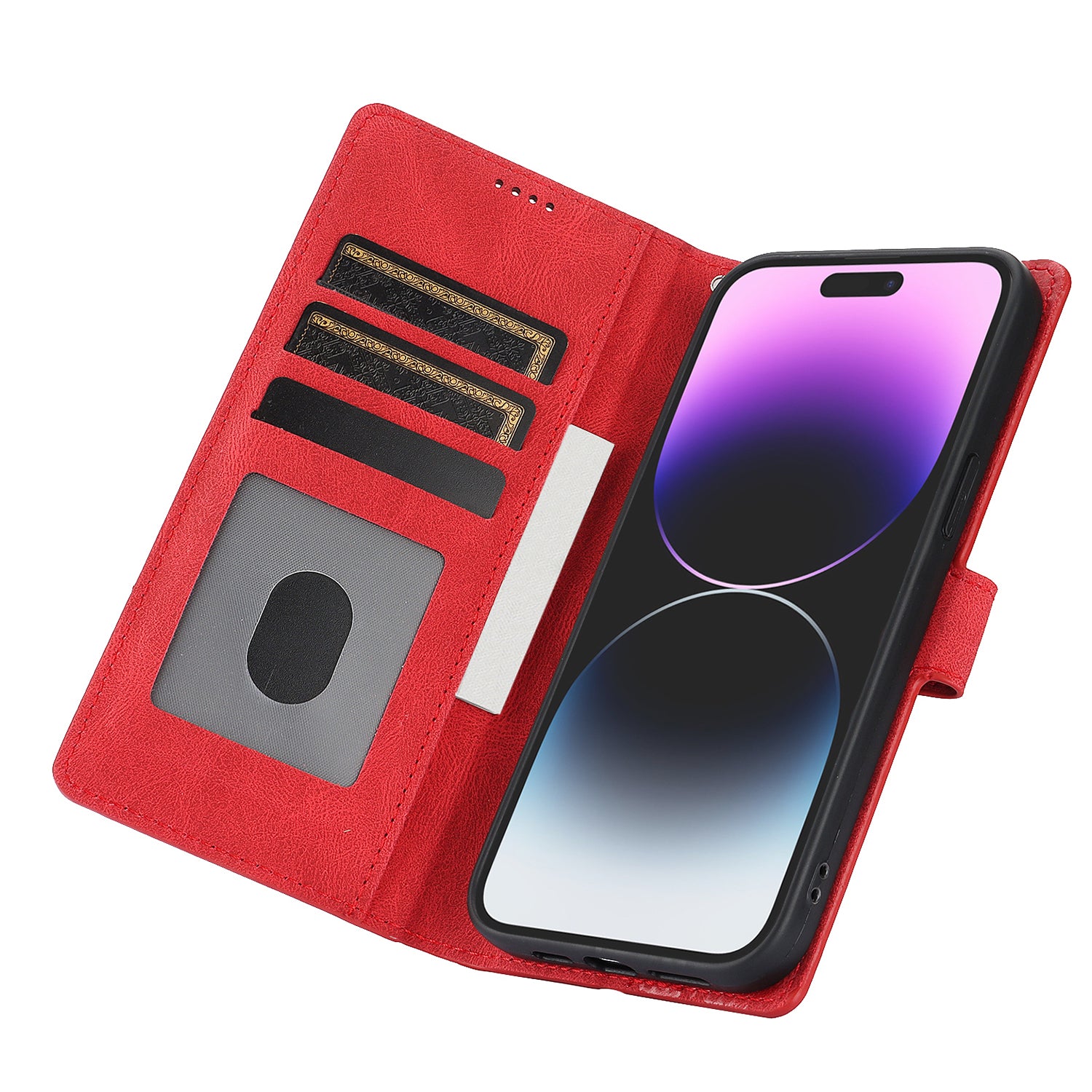 For iPhone 16 Case PU Leather Phone Cover Card Holder Magnetic Clasp Protective - Red