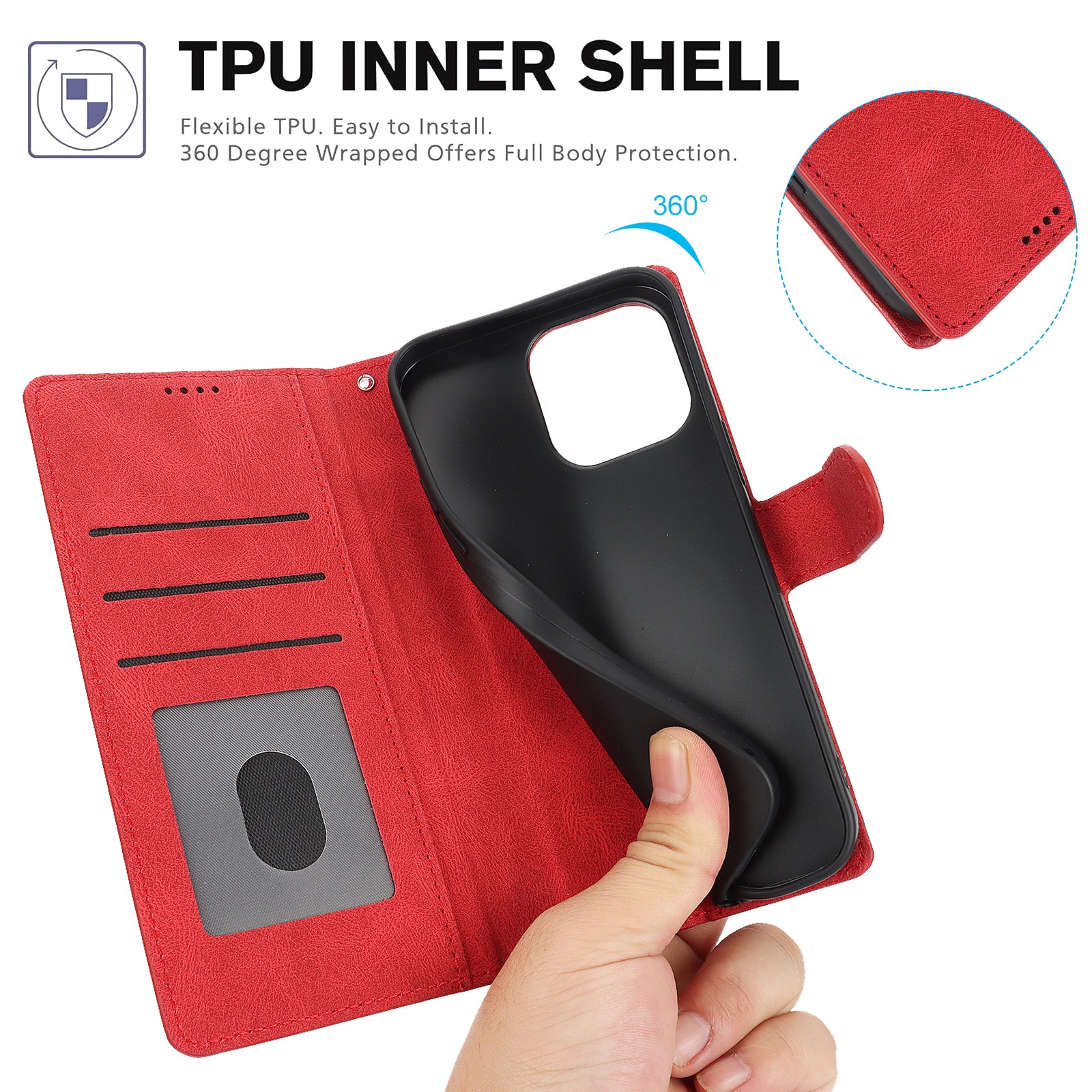 For iPhone 16 Case PU Leather Phone Cover Card Holder Magnetic Clasp Protective - Red