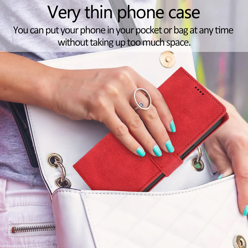 For iPhone 16 Case PU Leather Phone Cover Card Holder Magnetic Clasp Protective - Red