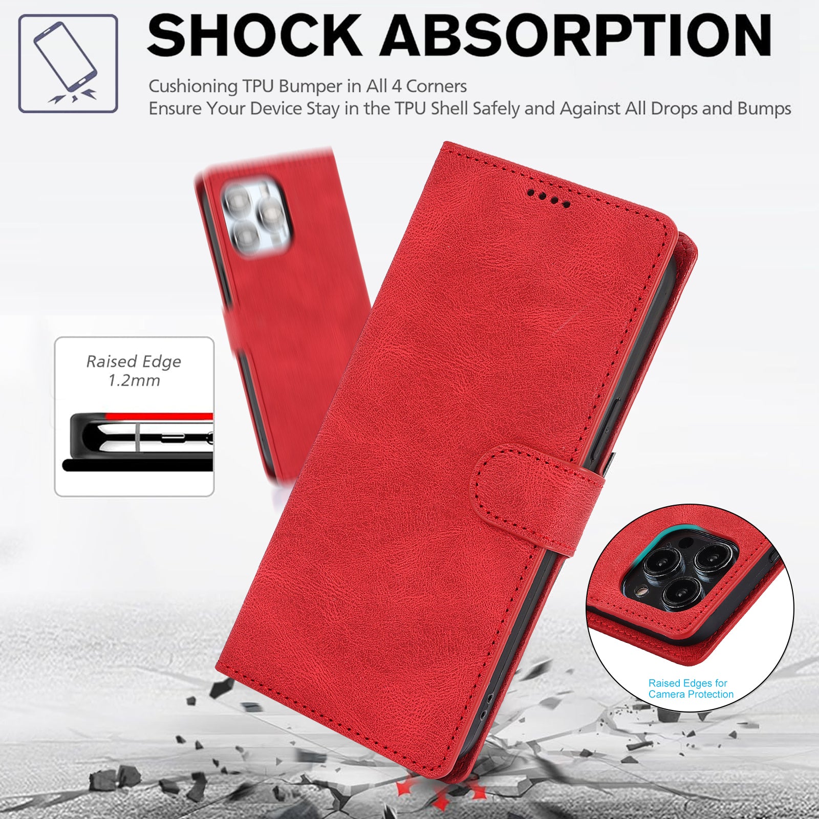 For iPhone 16 Case PU Leather Phone Cover Card Holder Magnetic Clasp Protective - Red