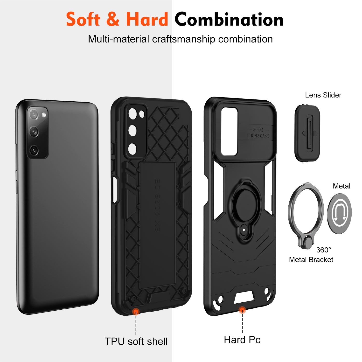 For Samsung Galaxy S20 FE 5G / S20 FE / S20 FE 2022 / S20 Lite Case Slide Lens Guard Phone Kickstand Cover - Black