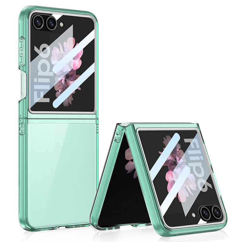 GKK For Samsung Galaxy Z Flip6 5G Case PC Phone Cover with Tempered Glass Rear Screen Film - Transparent Green