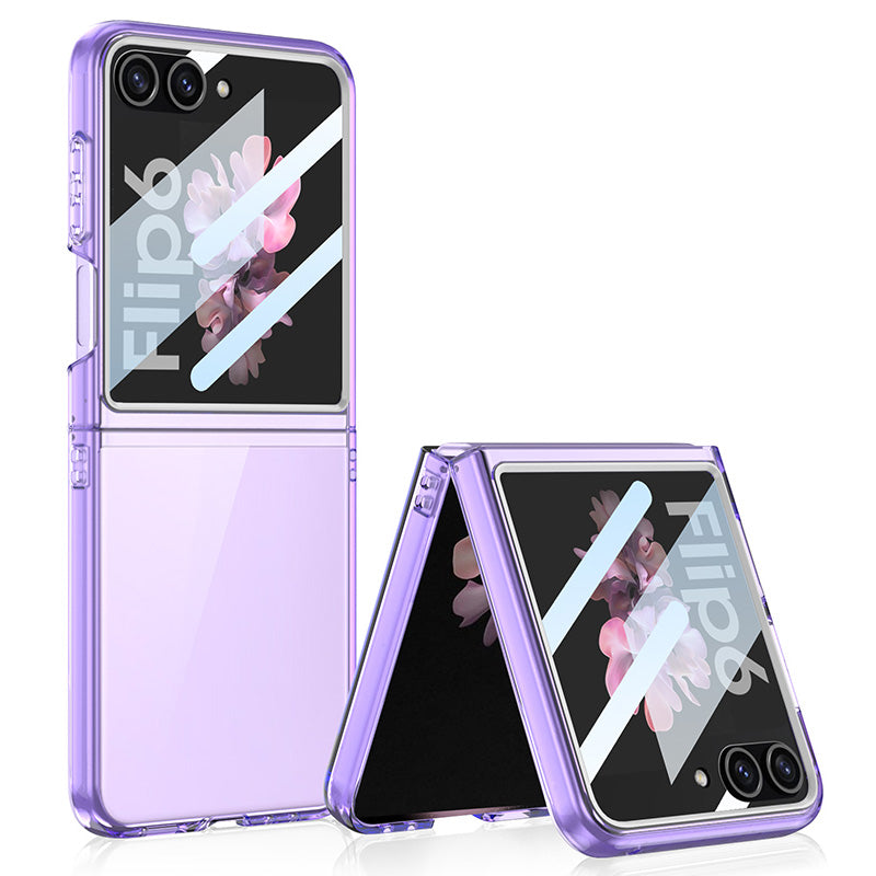 GKK For Samsung Galaxy Z Flip6 5G Case PC Phone Cover with Tempered Glass Rear Screen Film - Transparent Purple