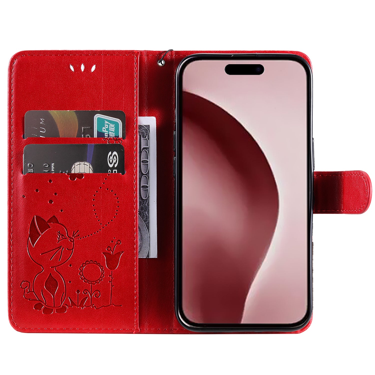 KT Imprinting Flower Series-4 For iPhone 16 Case Cat Bee Pattern Leather Cover with Strap - Red