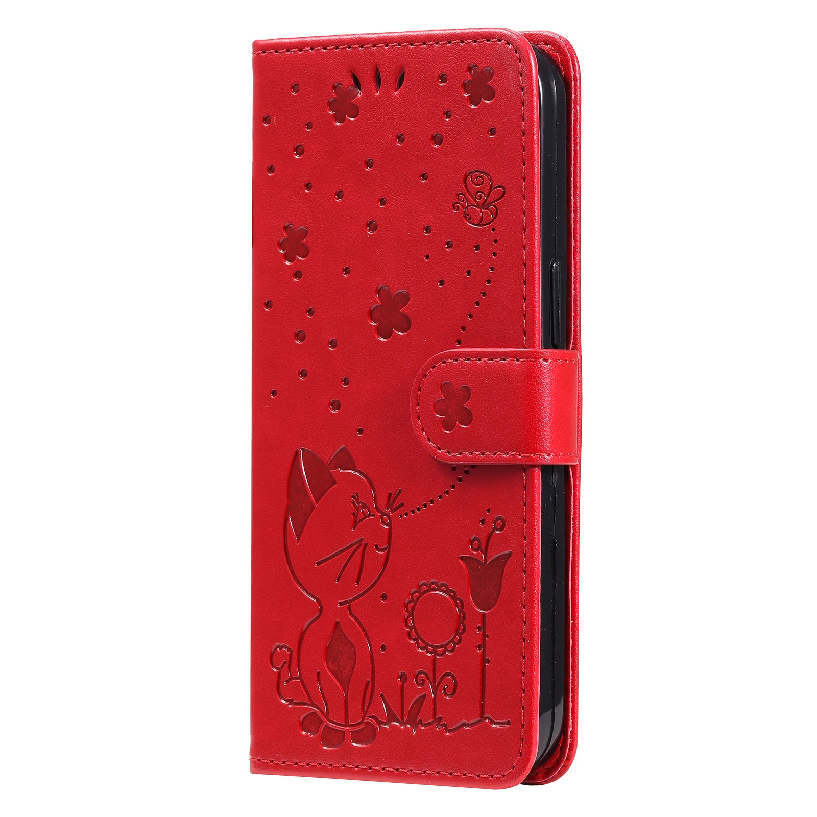 KT Imprinting Flower Series-4 For iPhone 16 Case Cat Bee Pattern Leather Cover with Strap - Red