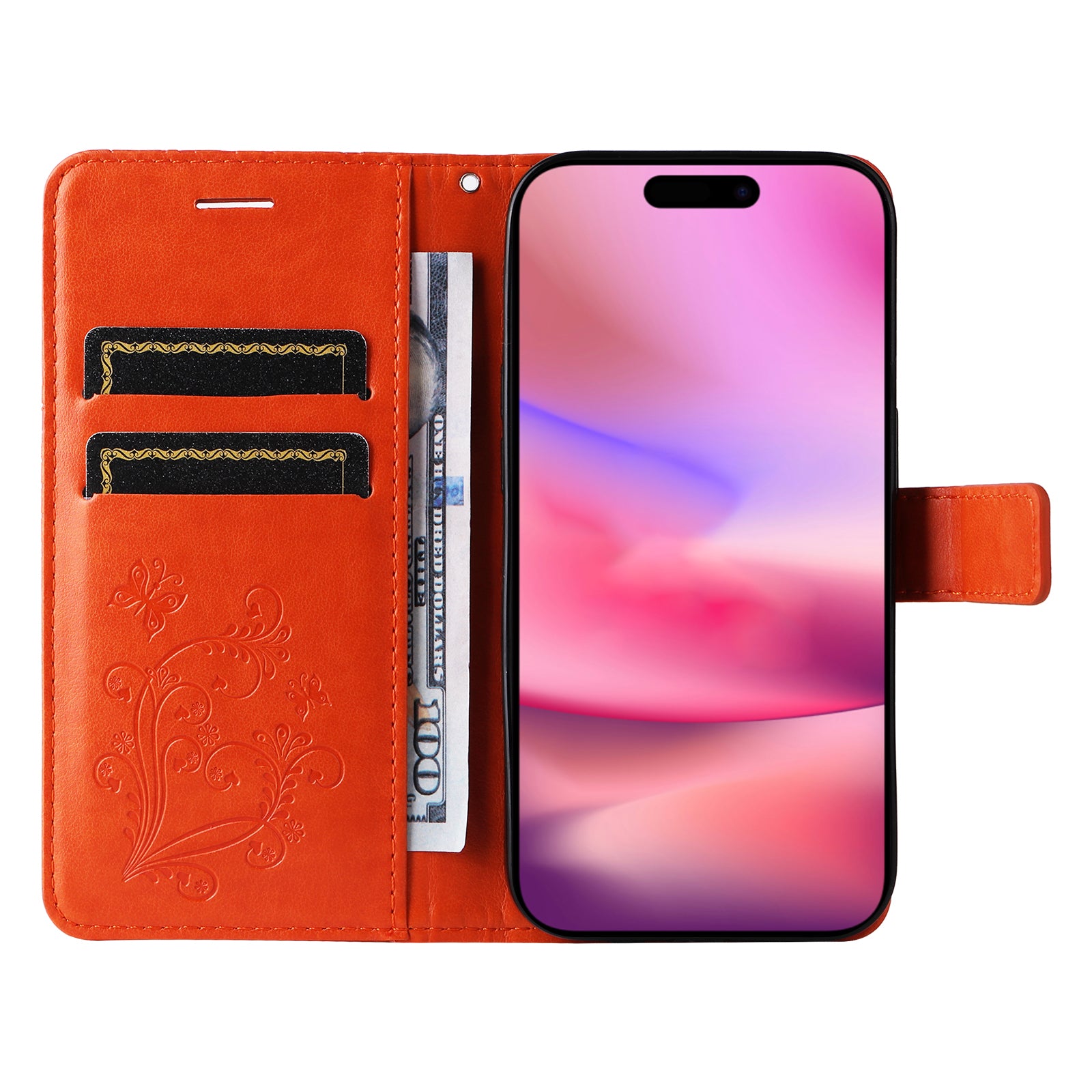 KT Imprinting Flower Series-2 For iPhone 16 Wallet Case Protective Leather Flip Cover - Orange