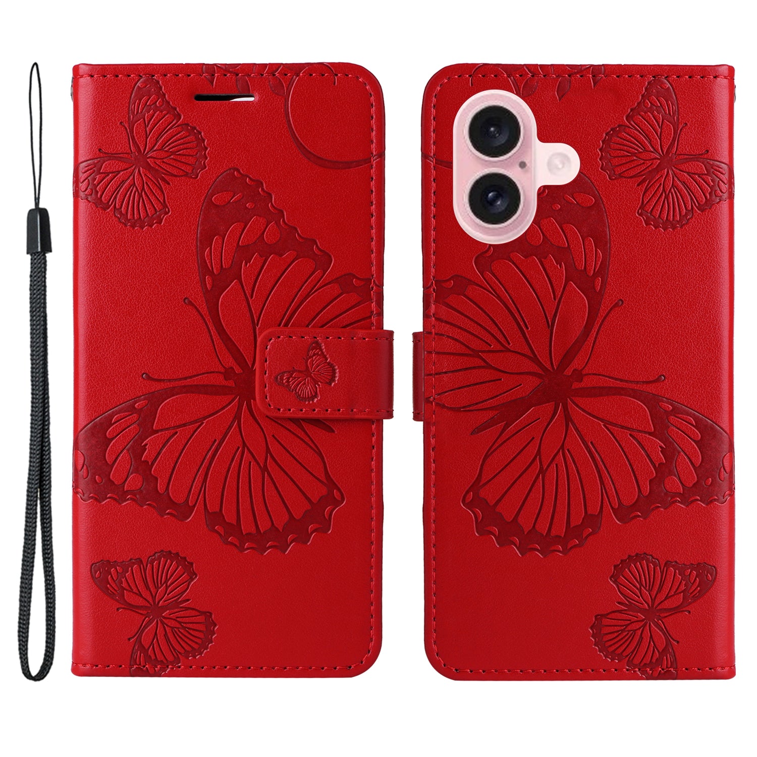 KT Imprinting Flower Series-2 For iPhone 16 Wallet Case Protective Leather Flip Cover - Red