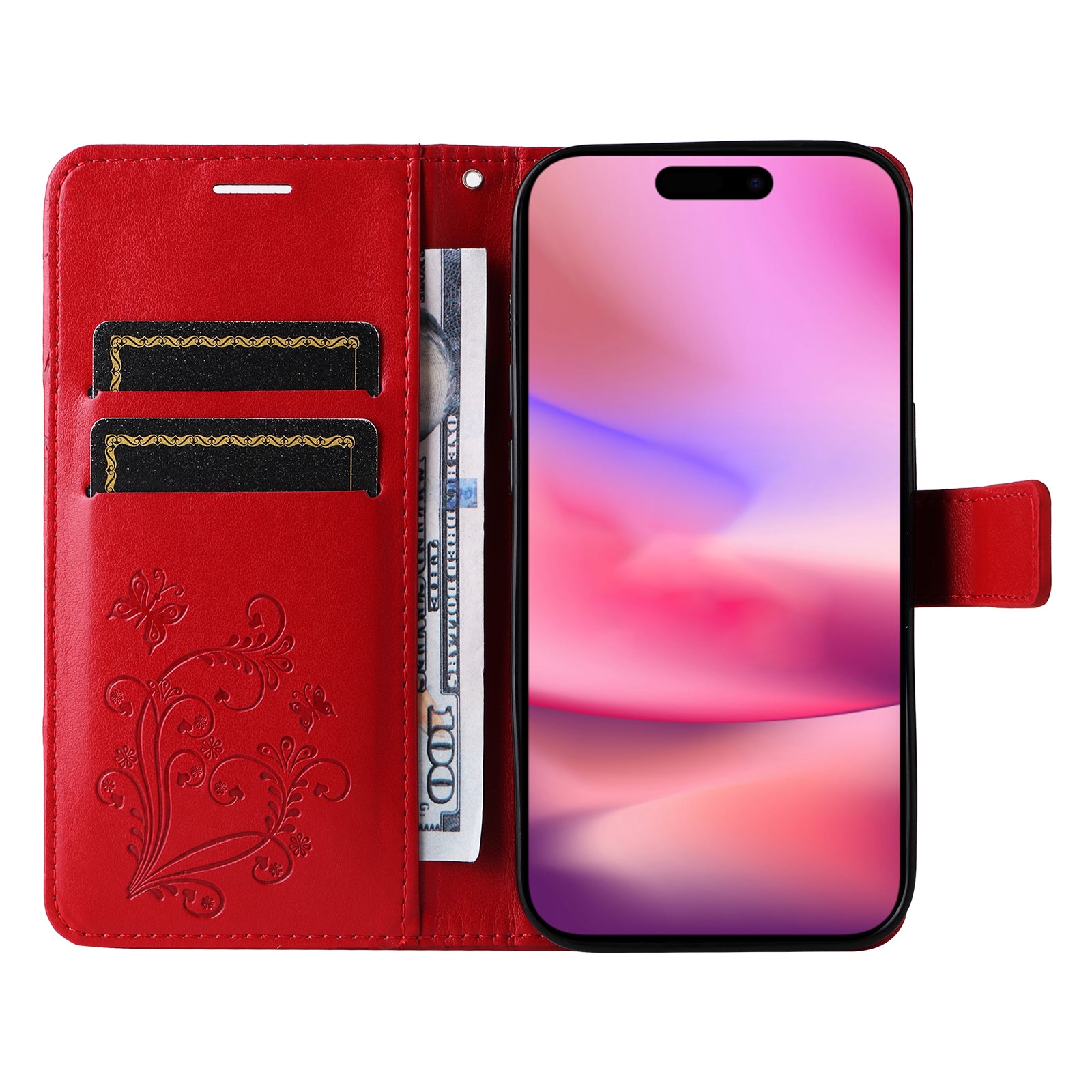 KT Imprinting Flower Series-2 For iPhone 16 Wallet Case Protective Leather Flip Cover - Red