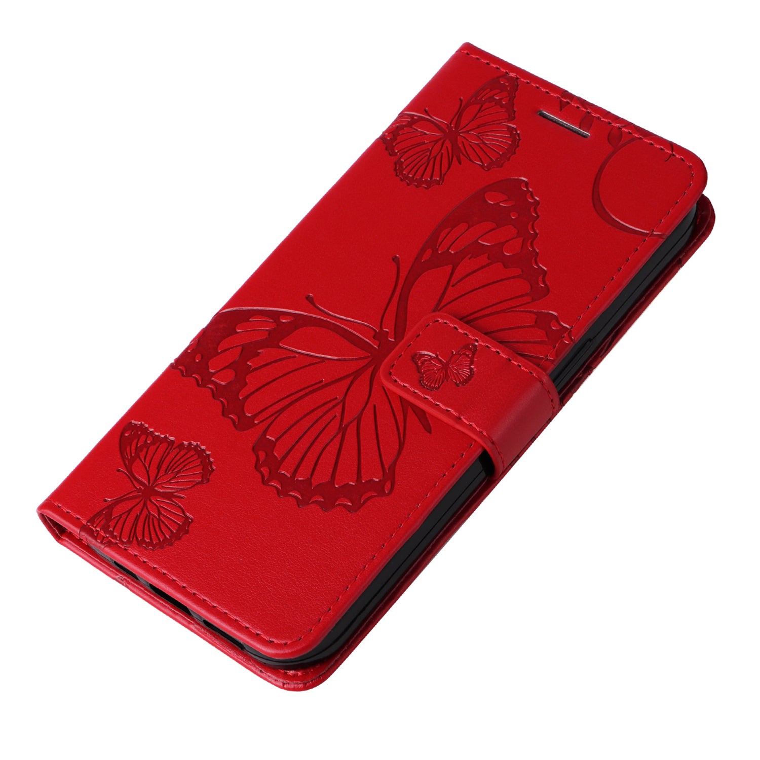 KT Imprinting Flower Series-2 For iPhone 16 Wallet Case Protective Leather Flip Cover - Red