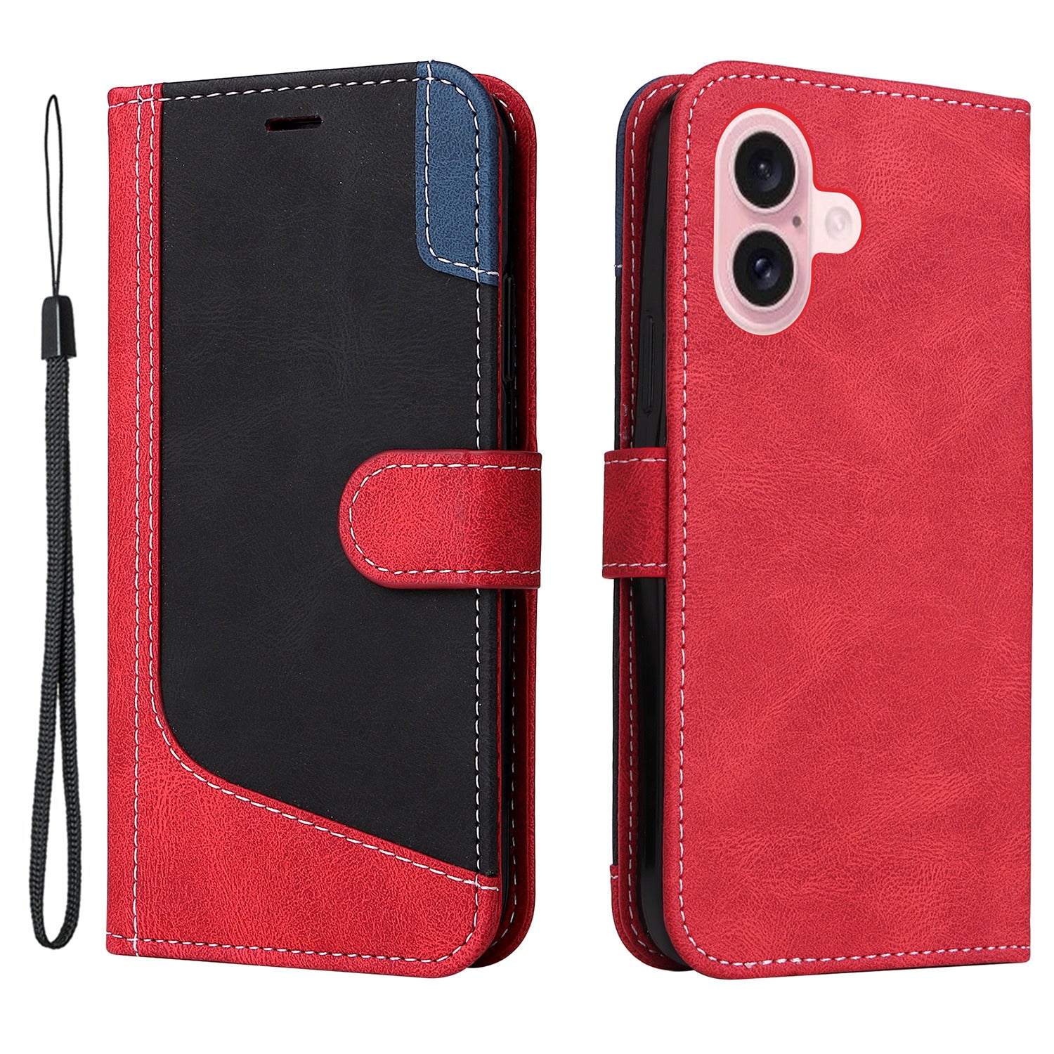 For iPhone 16 Case with Hand Strap Leather Wallet Phone Cover 3-color Splicing - Red