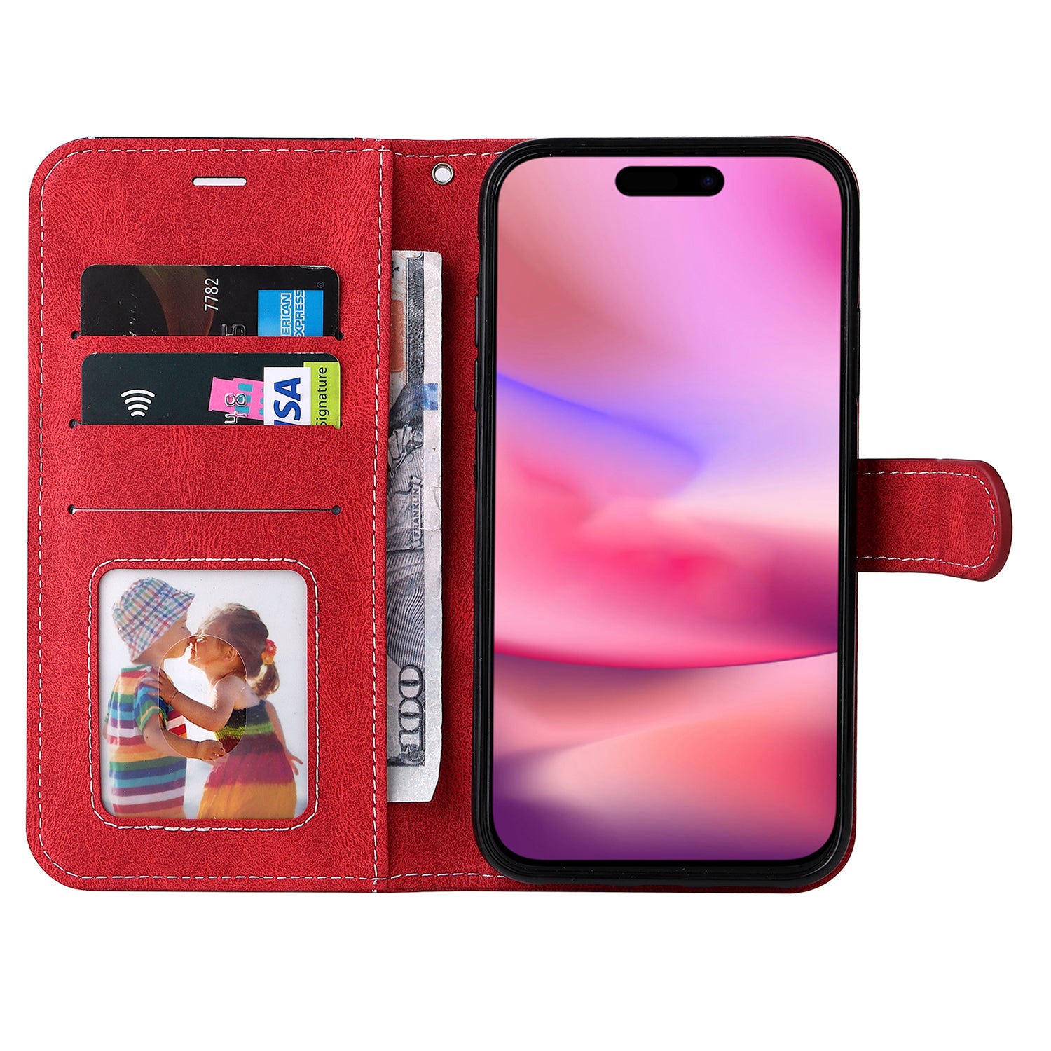 For iPhone 16 Case with Hand Strap Leather Wallet Phone Cover 3-color Splicing - Red