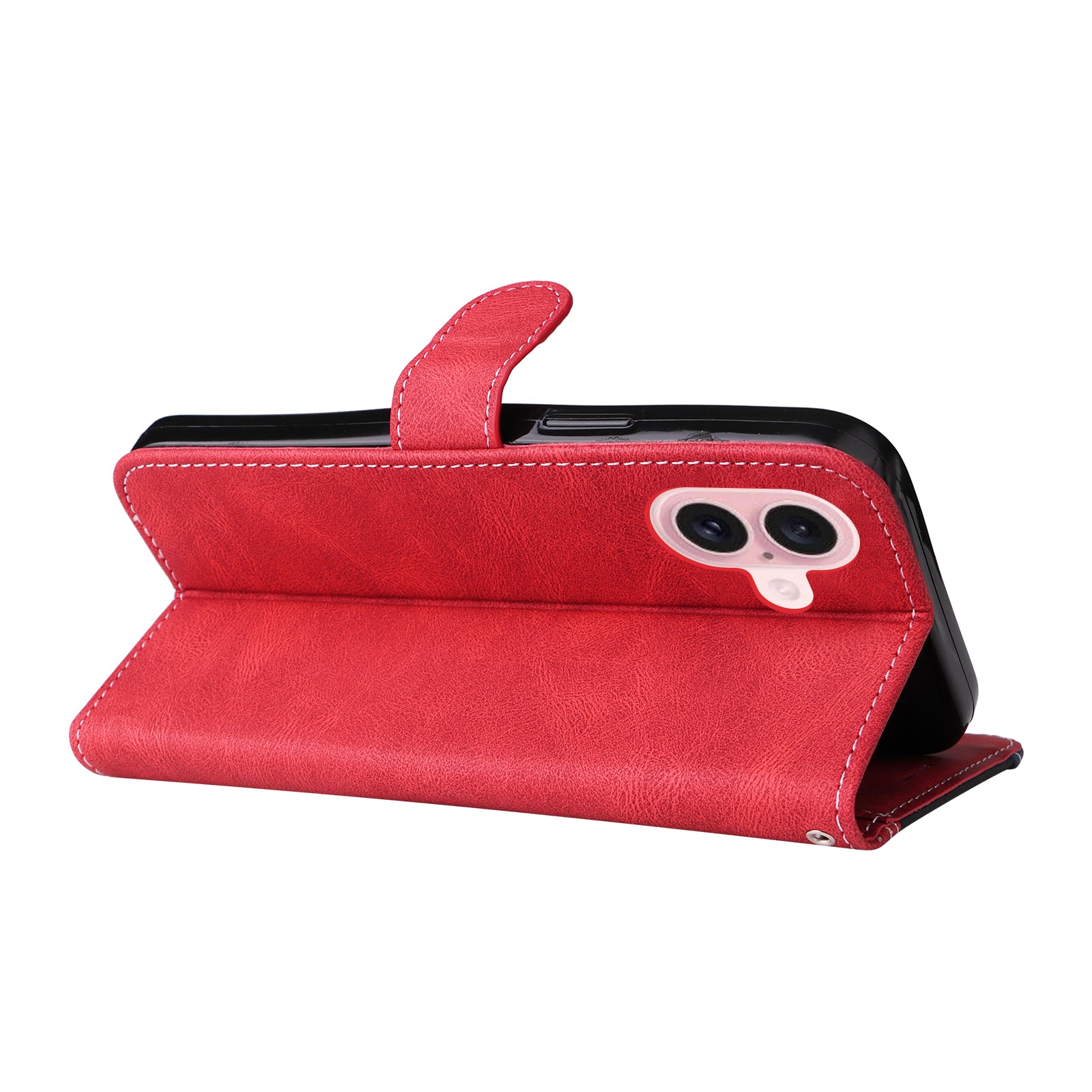 For iPhone 16 Case with Hand Strap Leather Wallet Phone Cover 3-color Splicing - Red