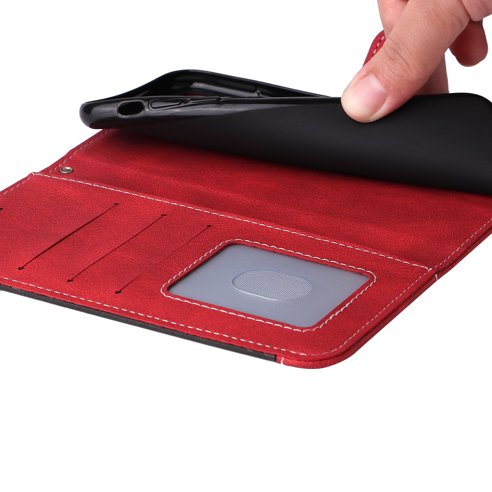 For iPhone 16 Case with Hand Strap Leather Wallet Phone Cover 3-color Splicing - Red