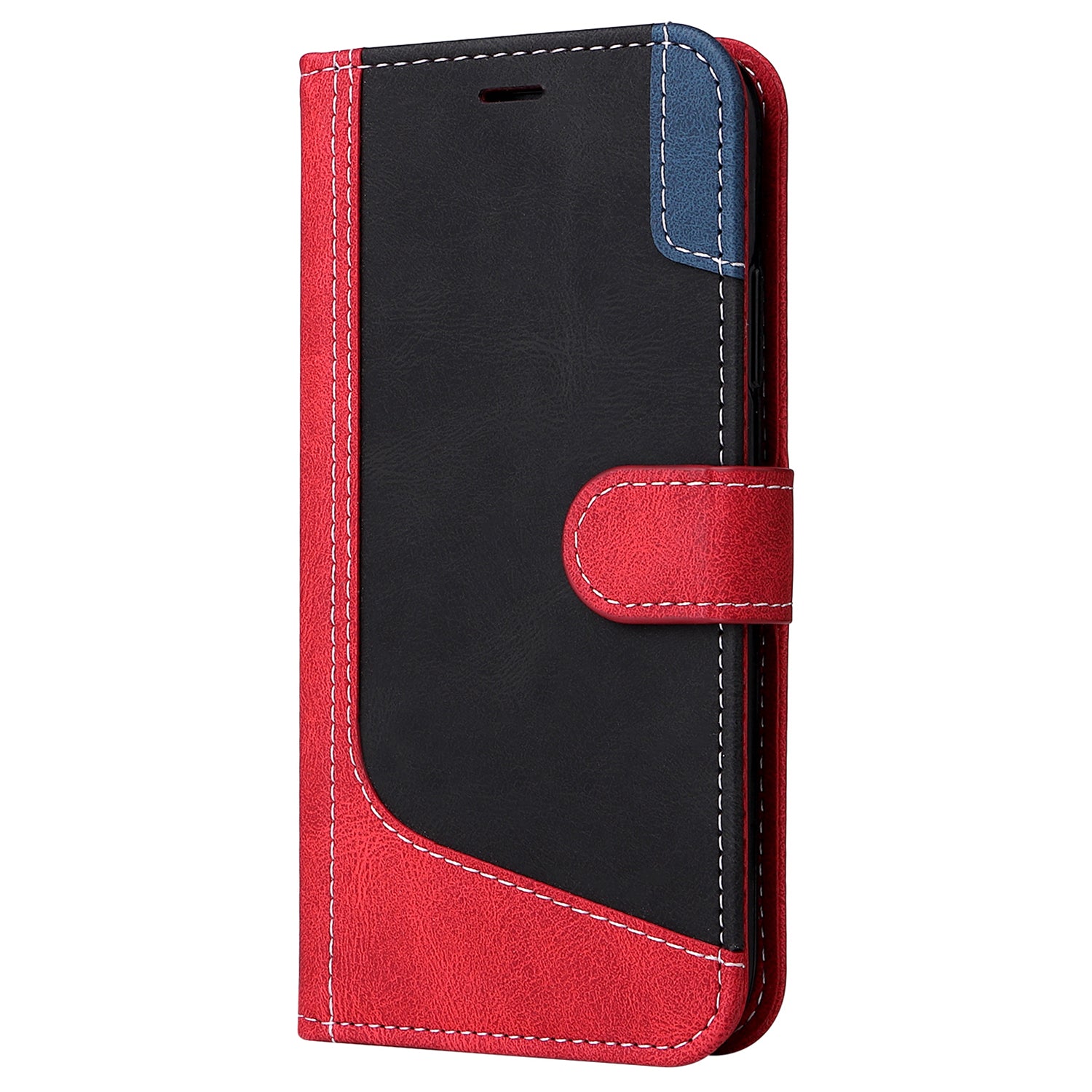 For iPhone 16 Case with Hand Strap Leather Wallet Phone Cover 3-color Splicing - Red