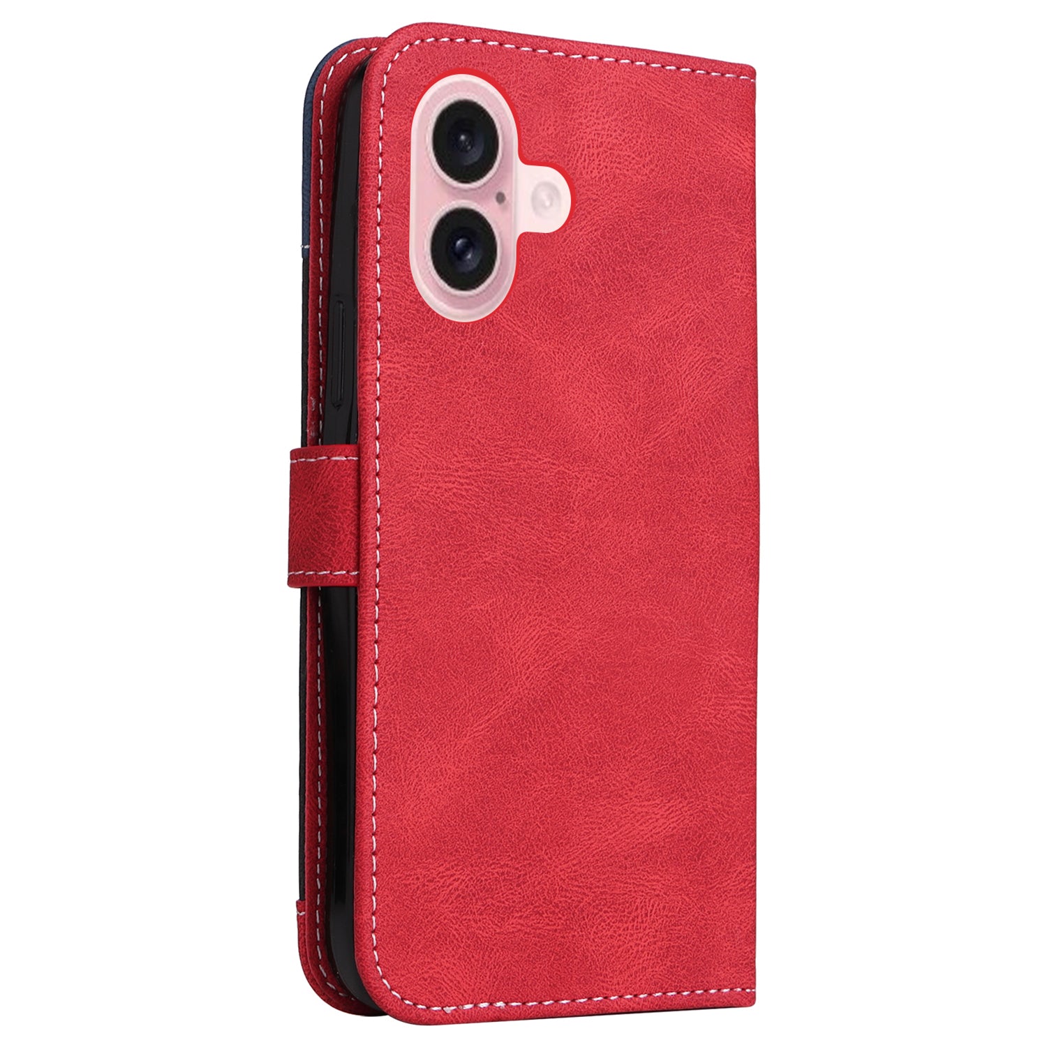 For iPhone 16 Case with Hand Strap Leather Wallet Phone Cover 3-color Splicing - Red