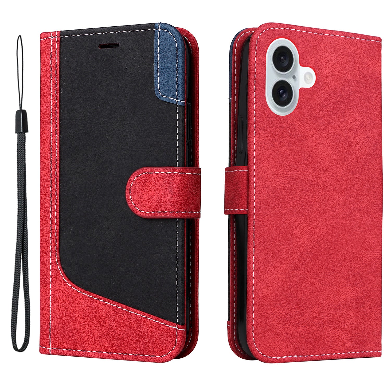 For iPhone 16 Plus Case 3-color Splicing PU Leather Wallet Phone Cover - Red