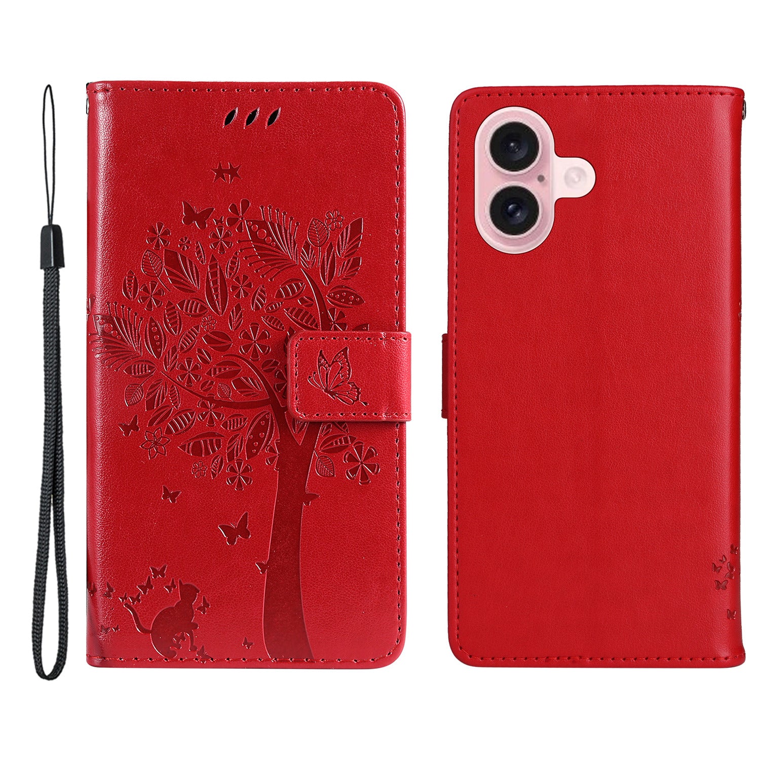 KT Imprinting Flower Series-3 For iPhone 16 Case Wallet Stand Leather Cover Cat Tree Pattern - Red