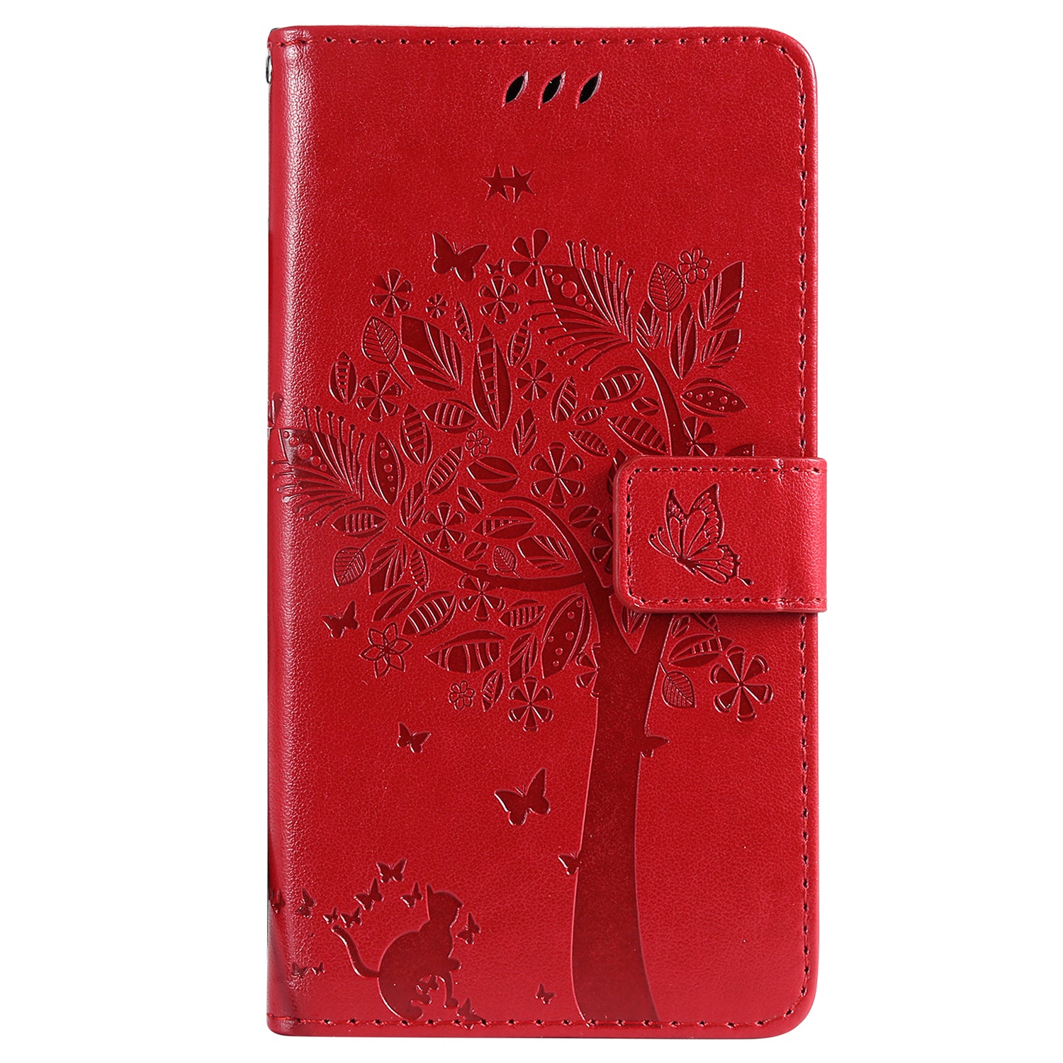 KT Imprinting Flower Series-3 For iPhone 16 Case Wallet Stand Leather Cover Cat Tree Pattern - Red