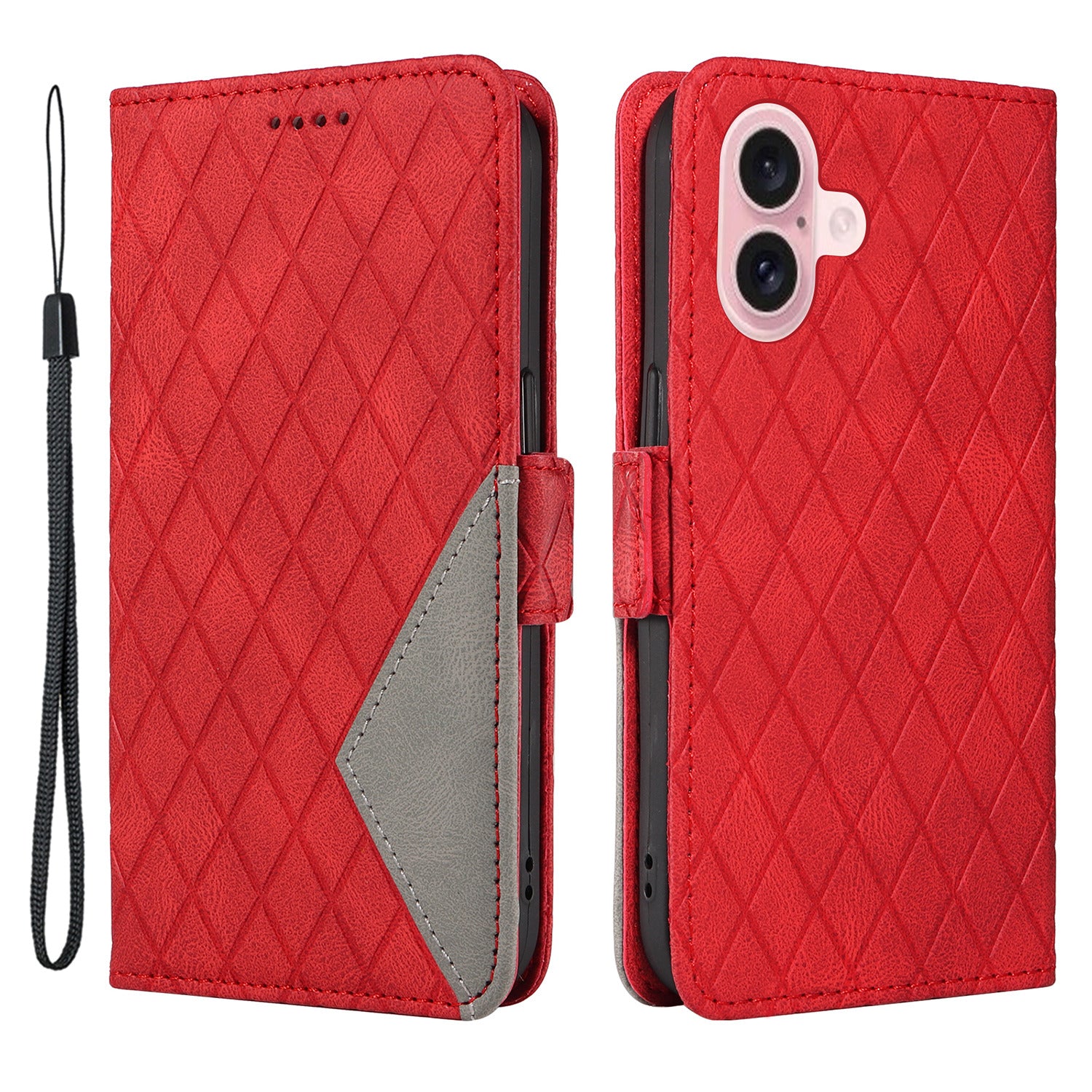 For iPhone 16 Case Folio Leather Phone Cover Rhombus Lattice - Red