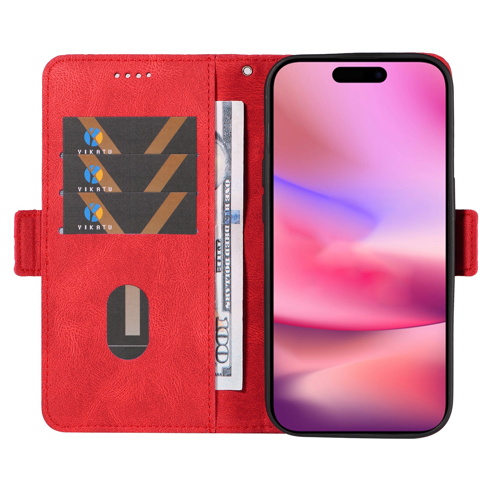 For iPhone 16 Case Folio Leather Phone Cover Rhombus Lattice - Red