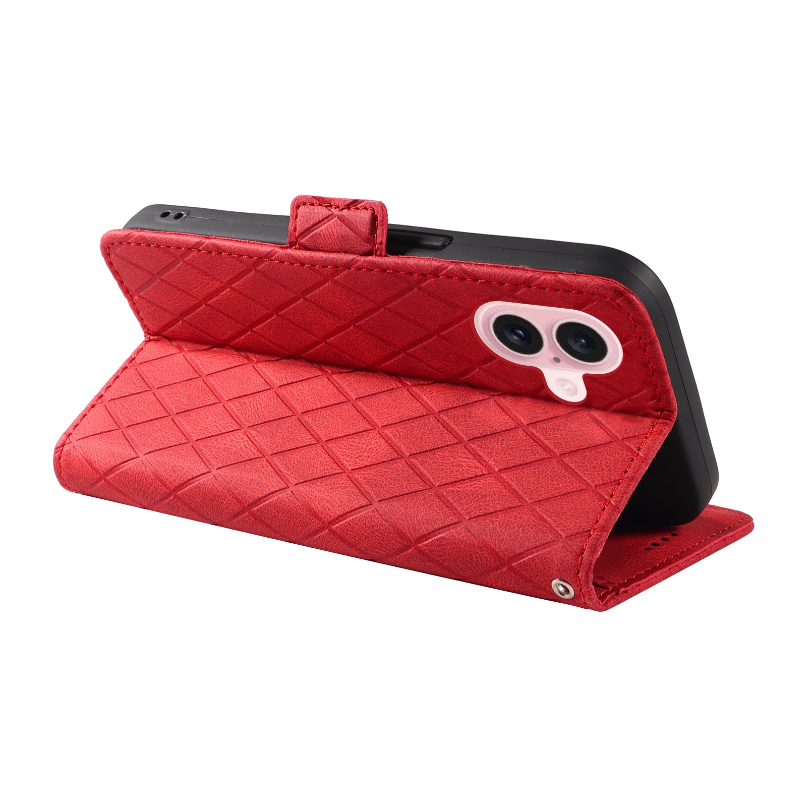 For iPhone 16 Case Folio Leather Phone Cover Rhombus Lattice - Red