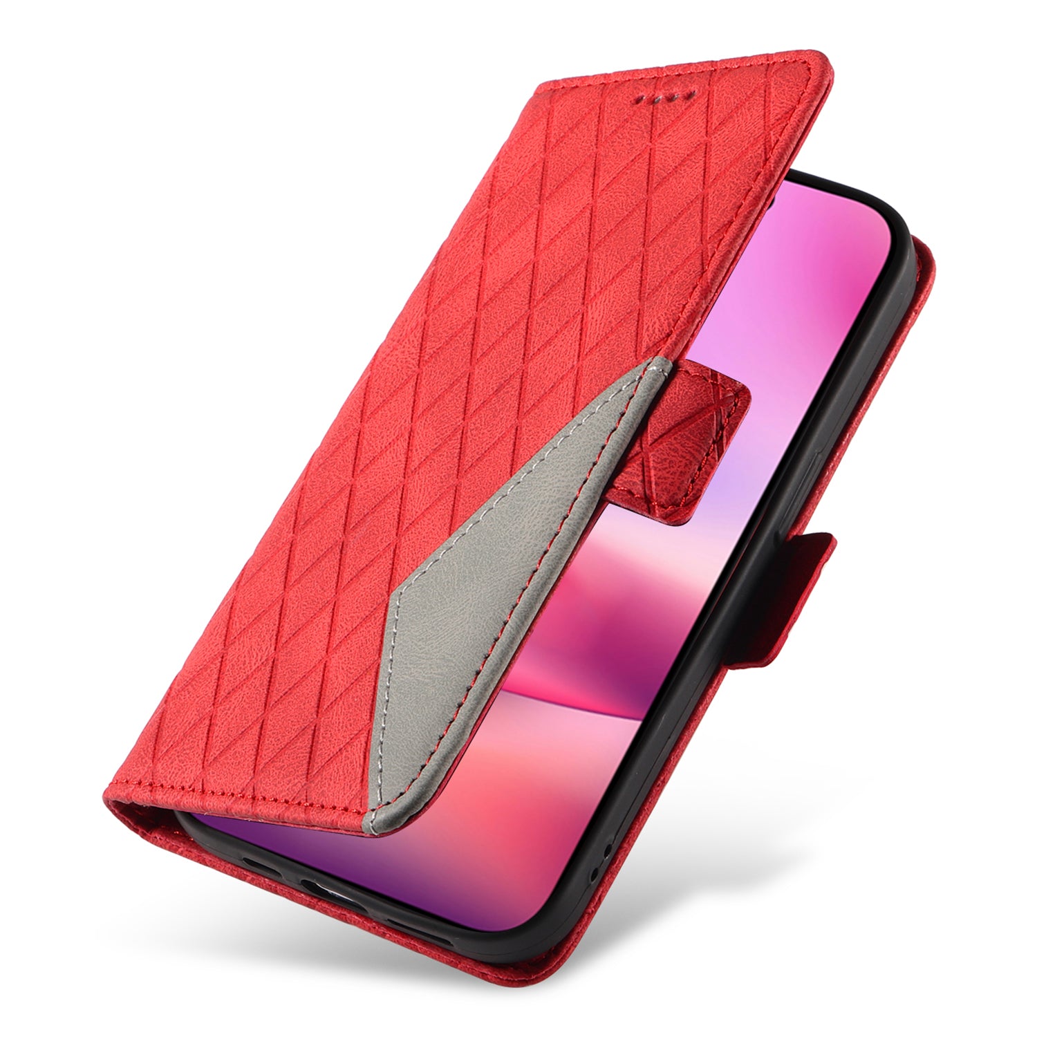 For iPhone 16 Case Folio Leather Phone Cover Rhombus Lattice - Red